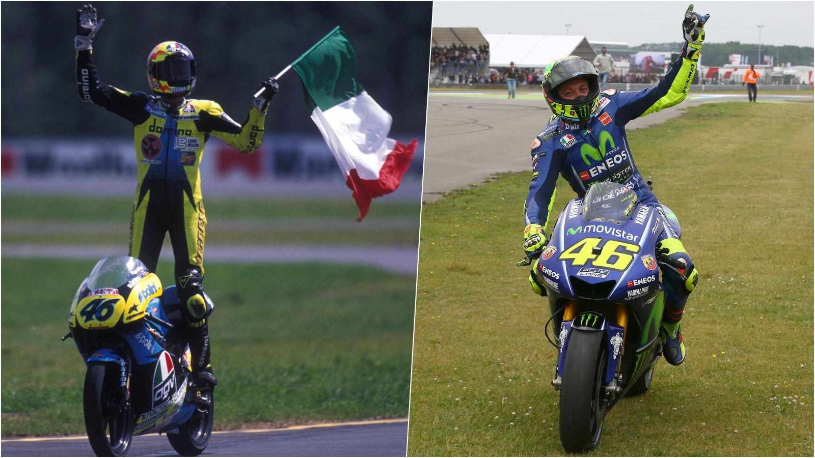 Brno 1996 y Assen 2017, la primera y la última de las 115 victorias de Valentino Rossi