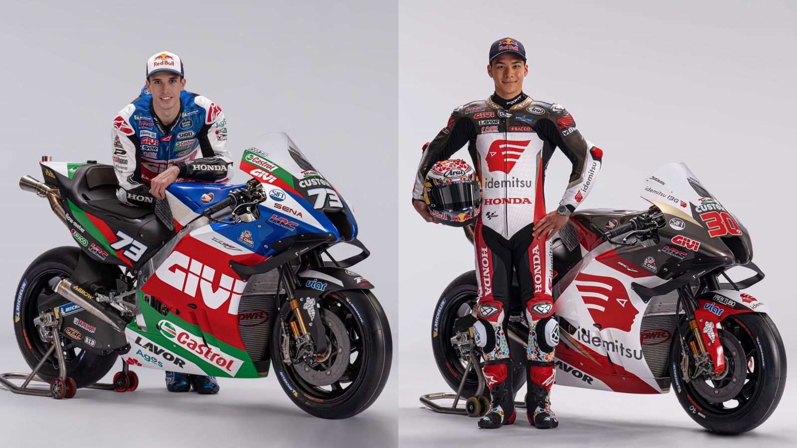 Álex Márquez y Takaaki Nakagami junto a las Honda RC213V del LCR que llevarán en MotoGP 2022