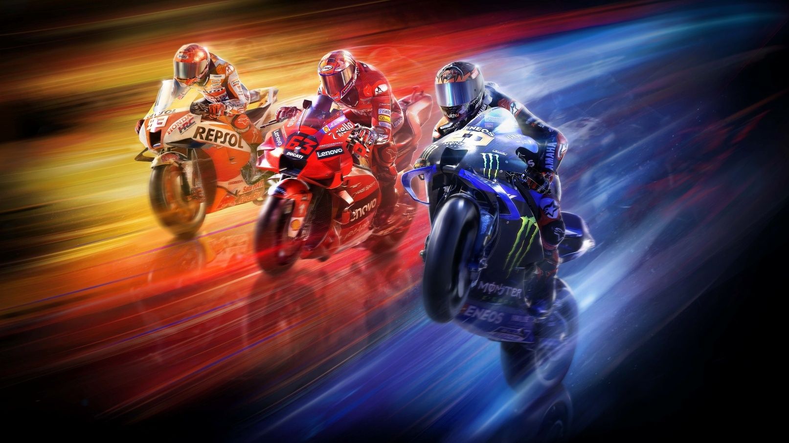 Portada del videojuego MotoGP22 con Fabio Quartararo, Pecco Bagnaia y Marc Márquez