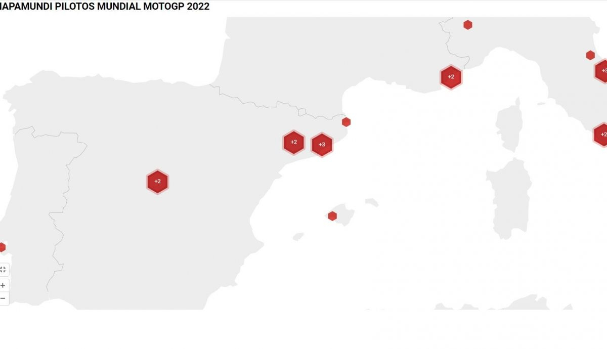 19 de los 24 pilotos de MotoGP 2022 se concentran en el sur de Europa (Zoom del mapa anterior) 19 de los 24 pilotos de MotoGP 2022 se concentran en el sur de Europa (Zoom del mapa anterior)