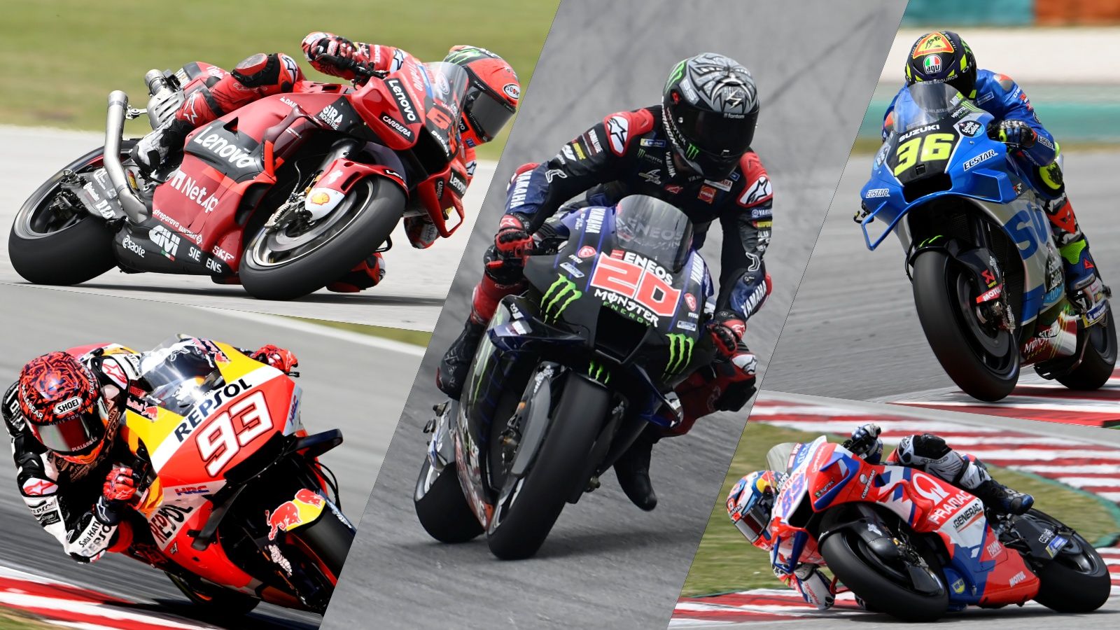 Algunos de los favoritos a MotoGP 2022 son Fabio Quartararo, Pecco Bagnaia, Joan Mir, Marc Márquez y Jorge Martín