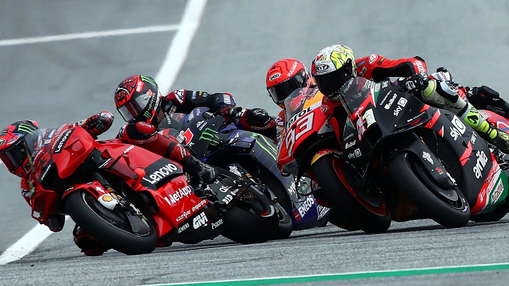 Pecco Bagnaia, Fabio Quartararo, Marc Márquez y Aleix Espargaró en la carrera de MotoGP 2021 en Austria