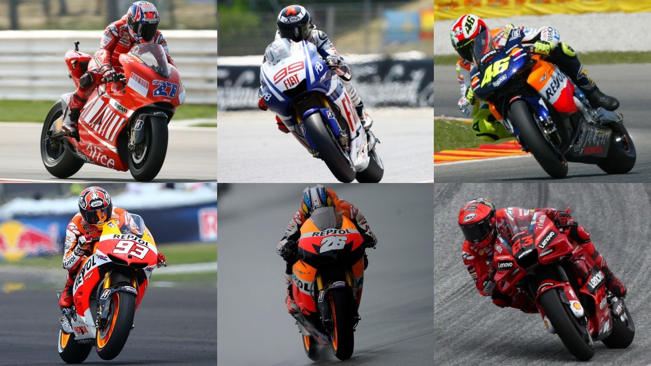 Casey Stoner, Jorge Lorenzo, Valentino Rossi, Marc Márquez, Dani Pedrosa y Pecco Bagnaia cuando lograron su tercera victoria seguida en MotoGP