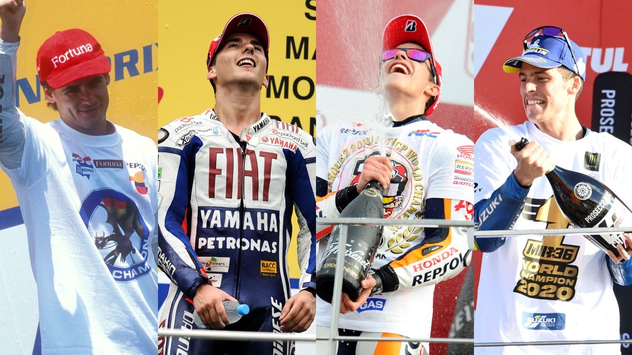 Álex Crivillé, Jorge Lorenzo, Marc Márquez y Joan Mir festejando su primer título en 500cc o MotoGP