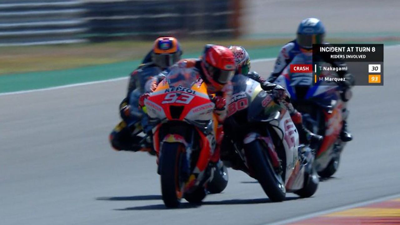 El momento en el que Marc Márquez se tocaba con Takaaki Nakagami.