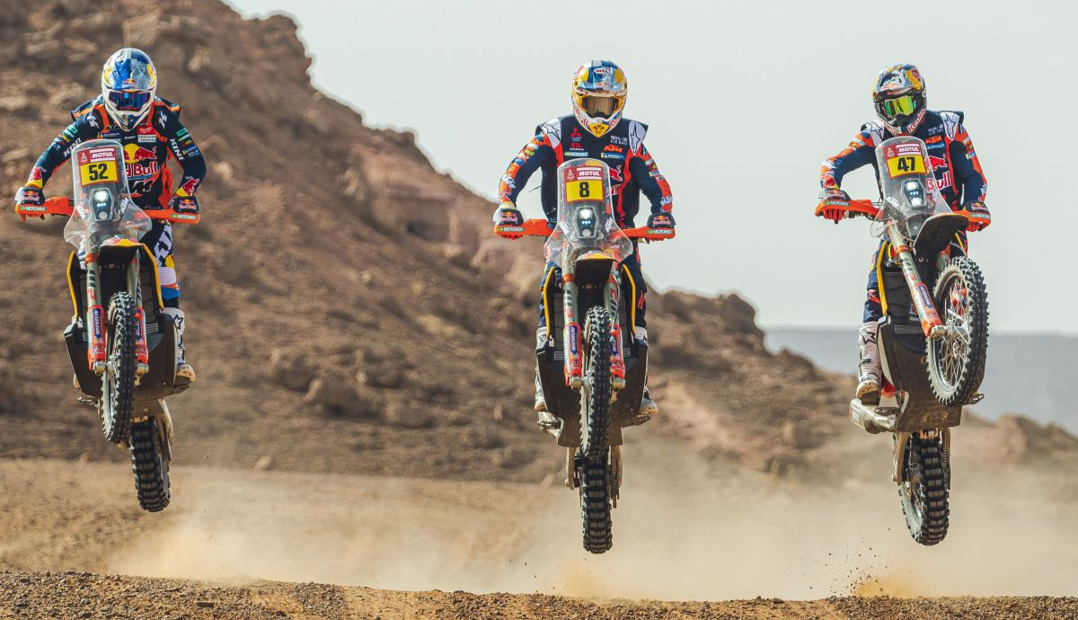 Matthias Walkner, Toby Price y Kevin Benavides con las KTM 450 Rally para el Dakar 2023 Matthias Walkner, Toby Price y Kevin Benavides con las KTM 450 Rally para el Dakar 2023
