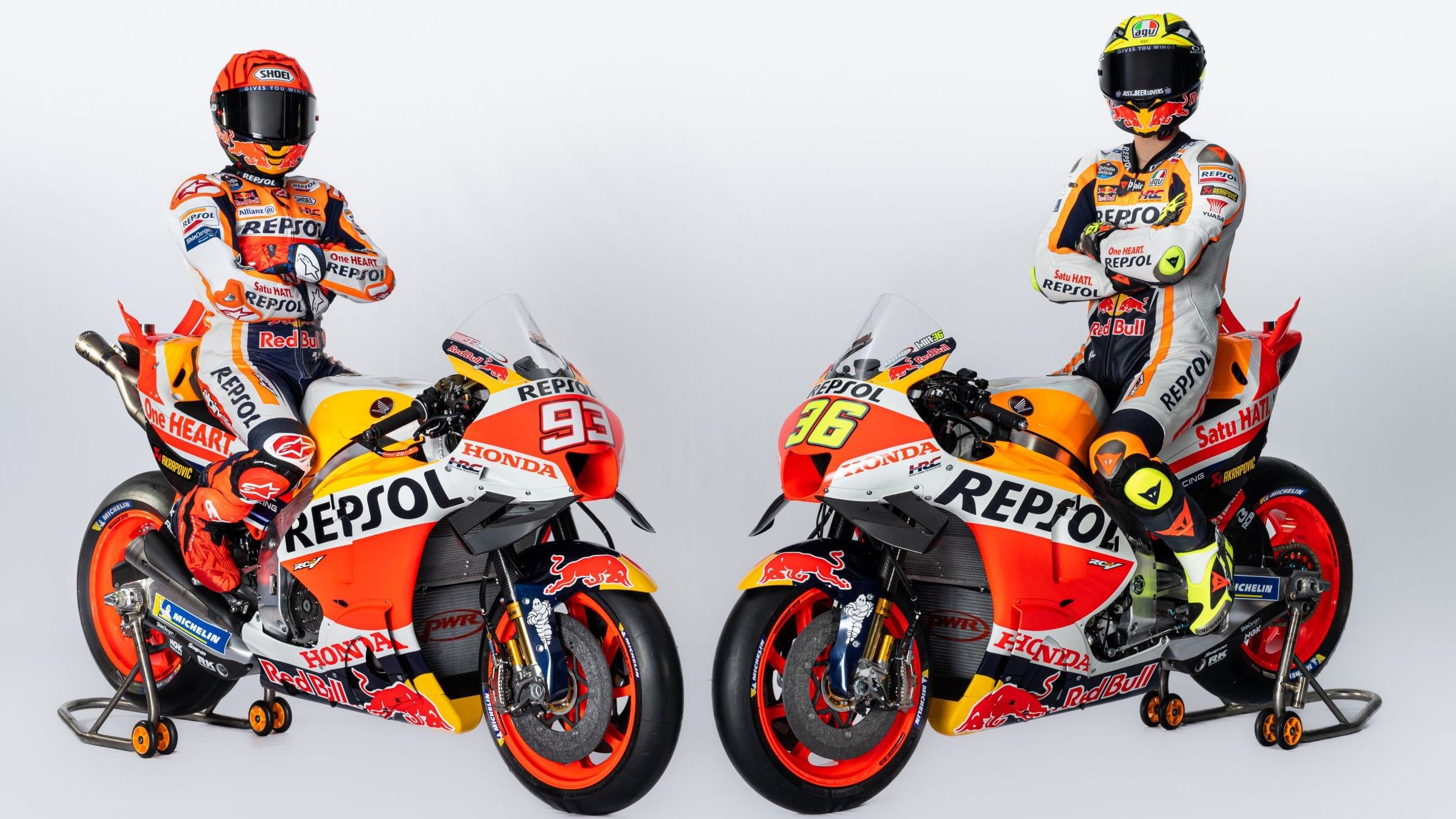 Márc Márquez y Joan Mir sobre las Honda RC213V del Repsol que llevarán en MotoGP 2023