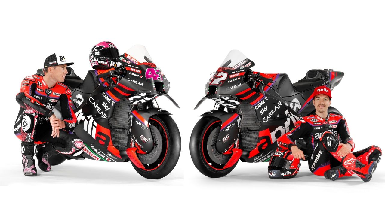 Aleix Espargaró y Maverick Viñales junto a las Aprilia RS GP que llevarán en MotoGP 2023