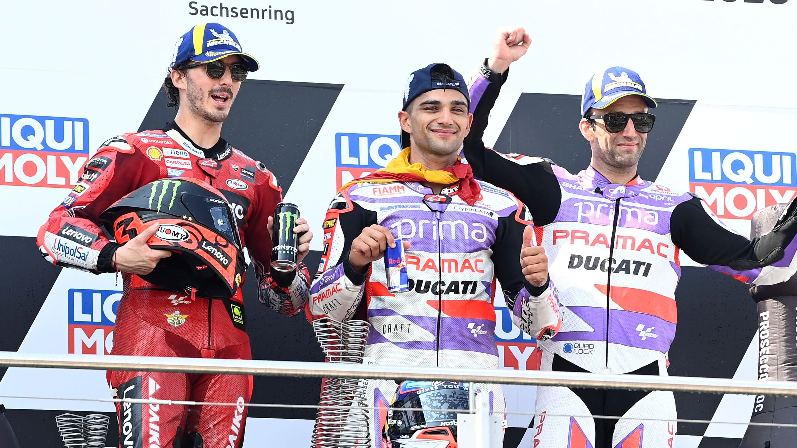 Jorge Martín, Pecco Bagnaia y Johann Zarco, el podio del GP de Alemania de MotoGP 2023 en Sachsenring