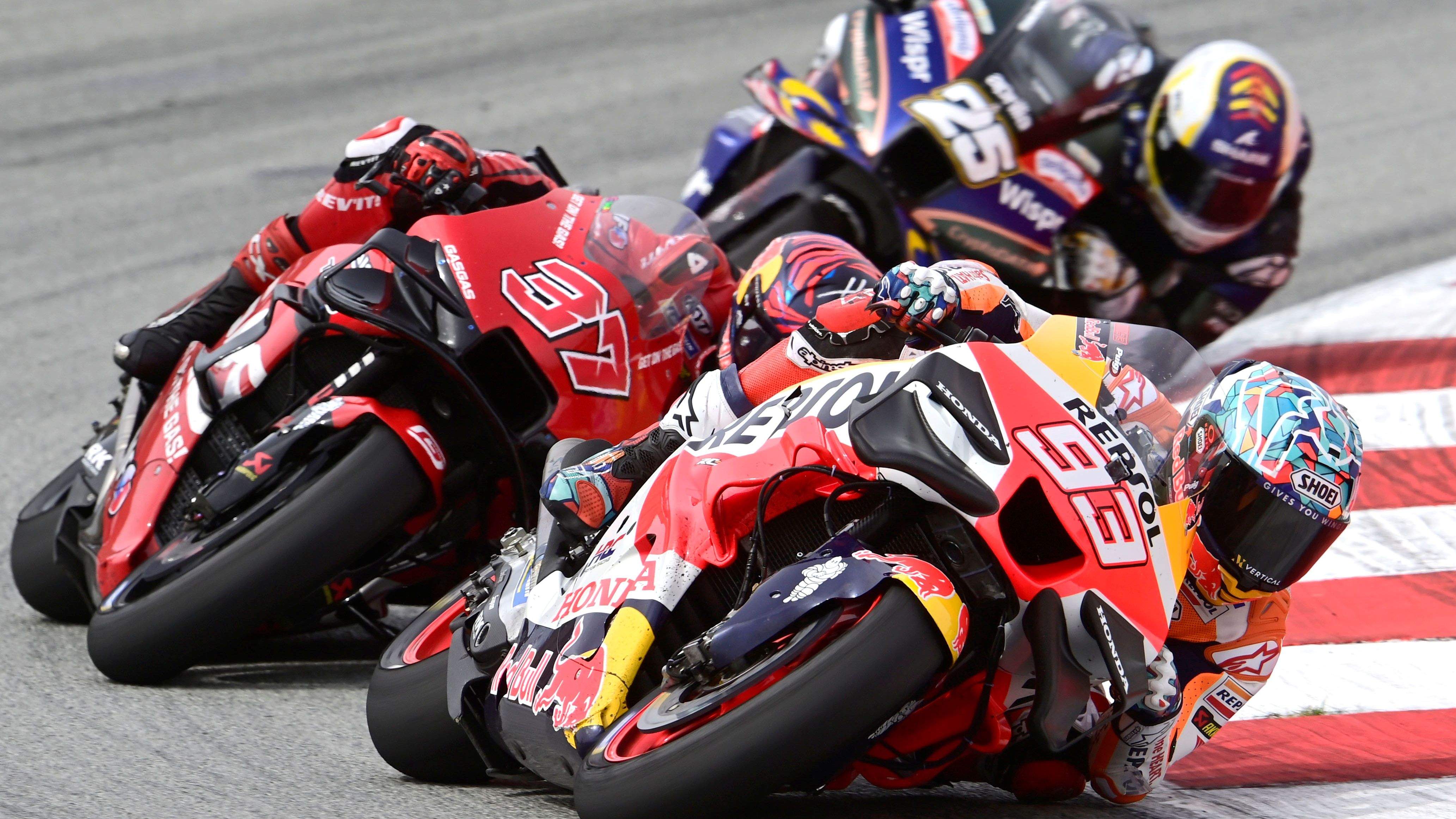 Marc Márquez, Augusto Fernández y Raúl Fernández, MotoGP Catalunya 2023