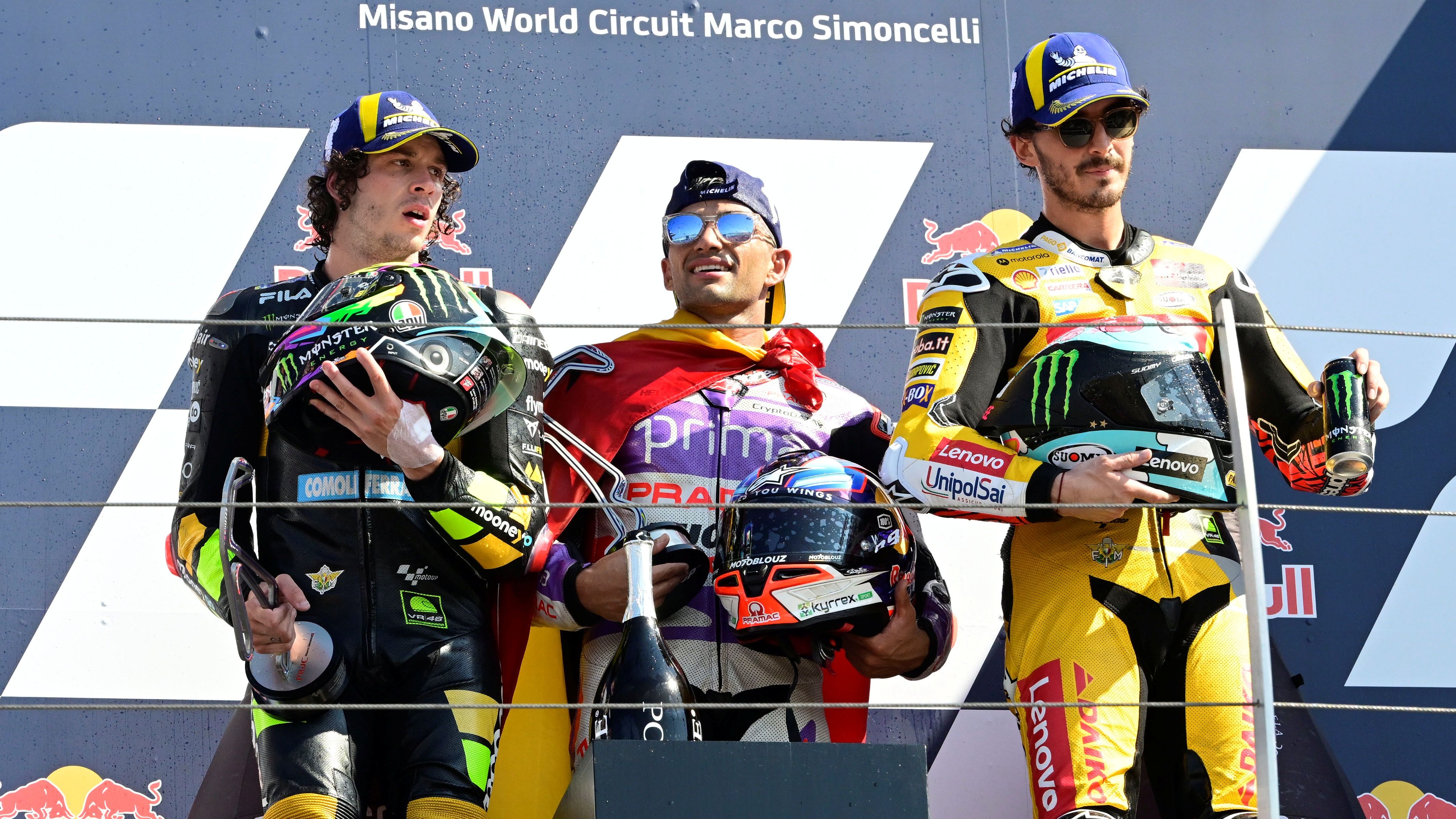 Jorge Martín, Pecco Bagnaia y Marco Bezzecchi, el podio del GP de San Marino de MotoGP 2023 en Misano