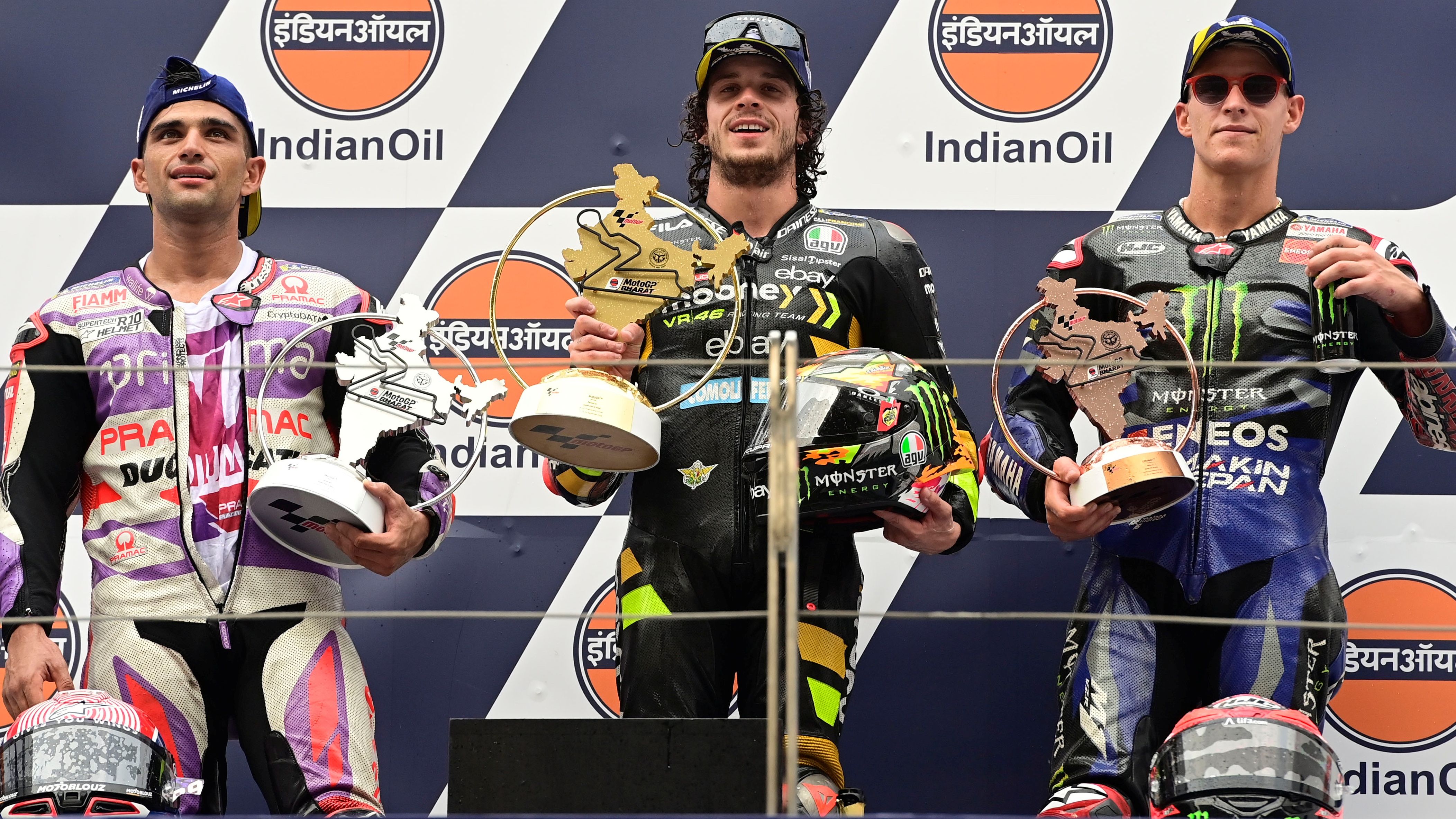 Marco Bezzecchi, Jorge Martín y Fabio Quartararo el podio del GP de India de MotoGP 2023 en Buddh