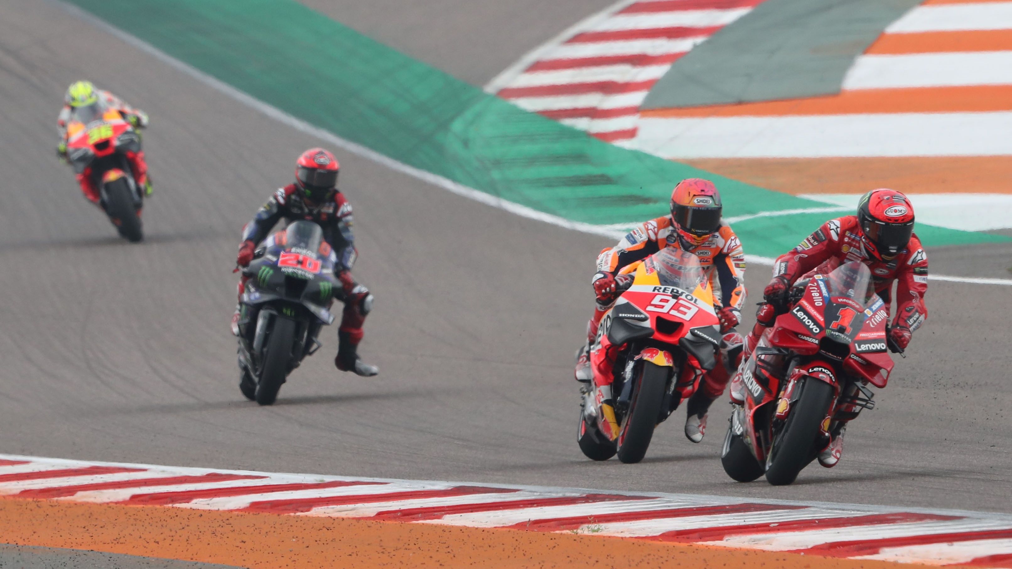 Pecco Bagnaia, Marc Márquez, Fabio Quartararo y Joan Mir, MotoGP India 2023