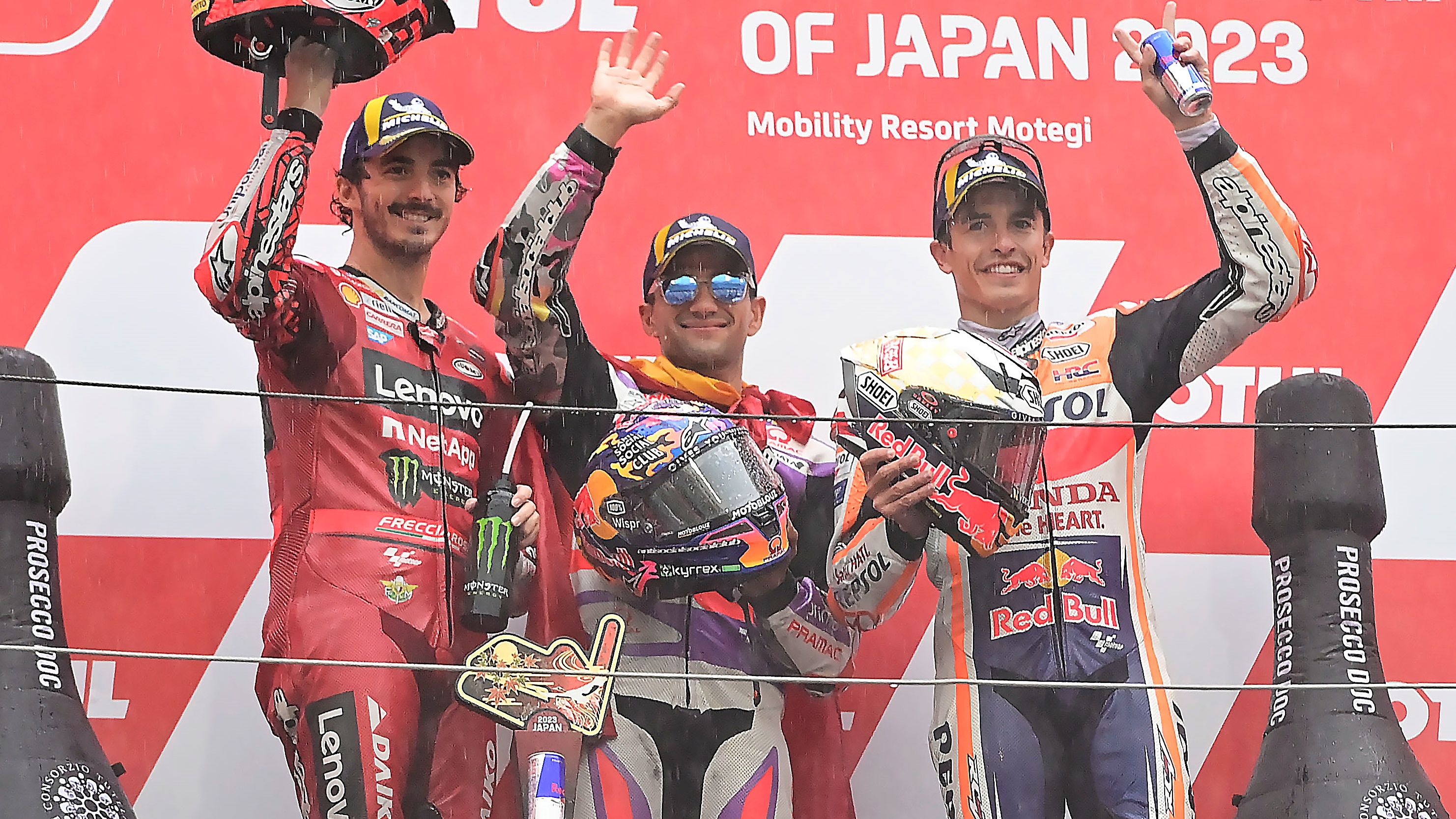 Jorge Martín, Pecco Bagnaia y Marc Márquez, el podio del GP de Japón de MotoGP 2023 en Motegi