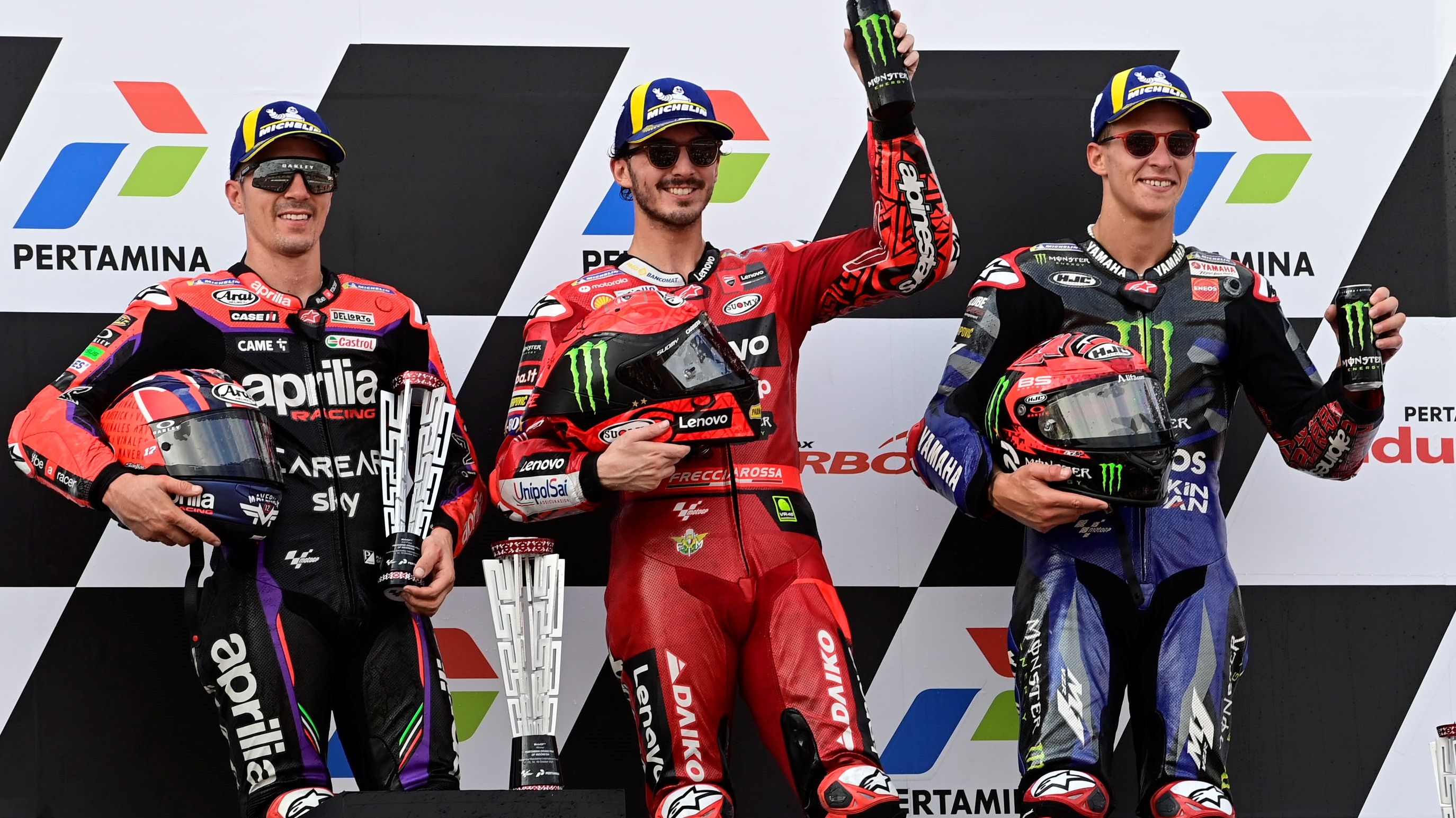 Pecco Bagnaia, Maverick Viñales y Fabio Quartararo, el podio del GP de Indonesia de MotoGP 2023 en Mandalika
