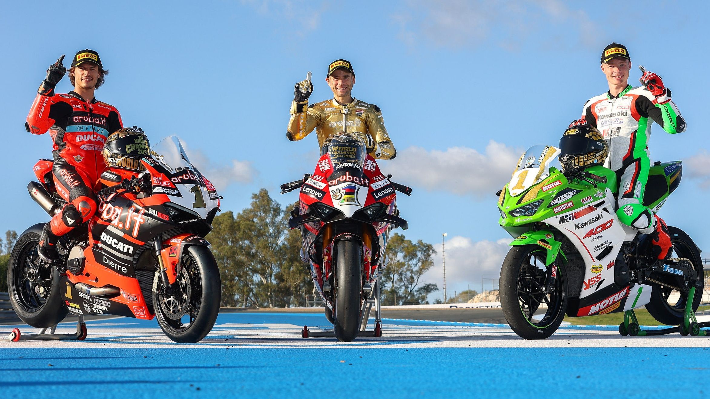 Álvaro Bautista, Nicolò Bulega y Jeffrey Buis, los campeones del mundo, WSBK Jerez 2023
