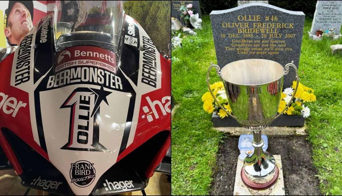 El número 1 de campeón en la Ducati de Tommy Bridewell y el trofeo del BSB en la tumba de Ollie