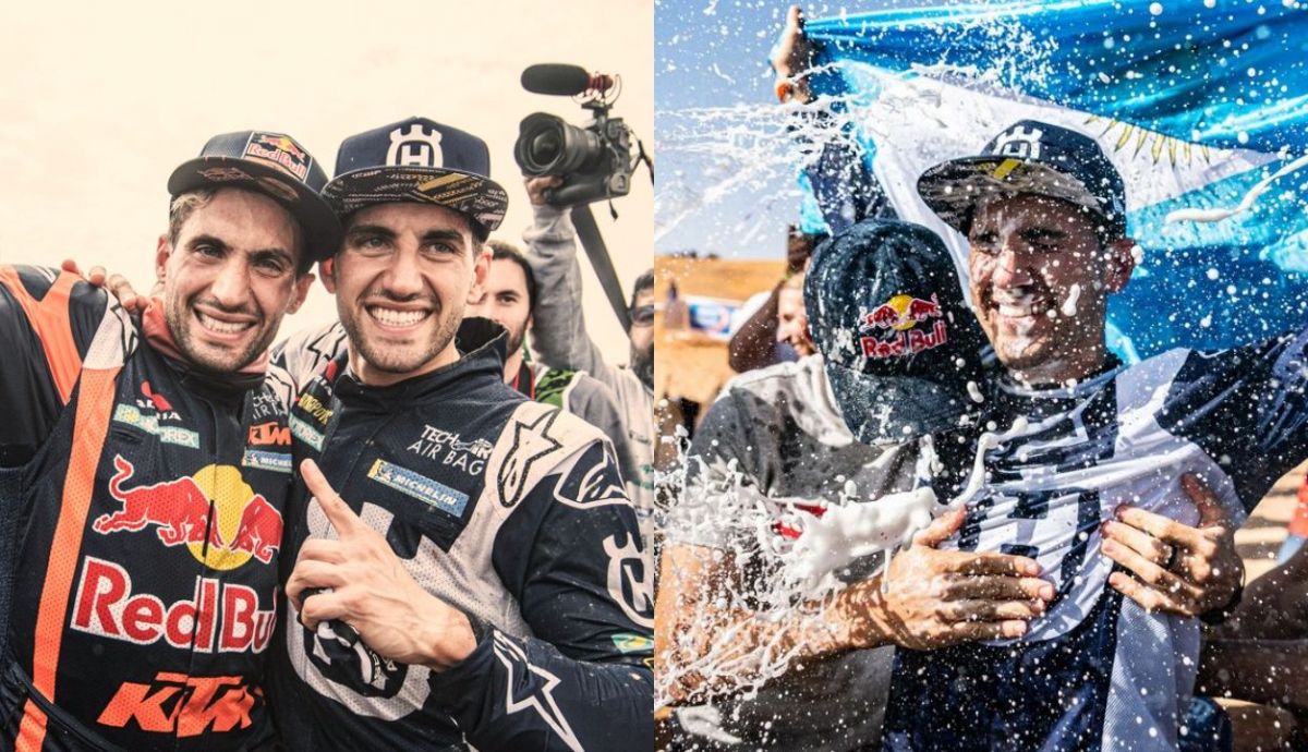 Kevin y Luciano Benavides festejando los triunfos de uno y otro en el Dakar y en el Mundial de Rally Raid 2023, respectivamente