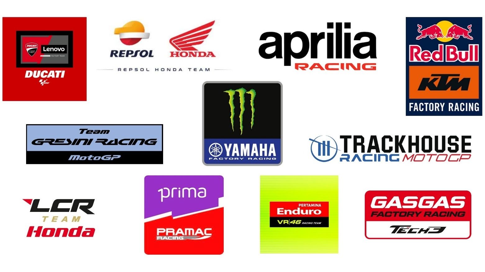 Ducati Lenovo, Repsol Honda, Monster Yamaha, Aprilia, Red Bull KTM, Primac, Gresini, VR46, LCR y Tech3 son los equipos de MotoGP 2024