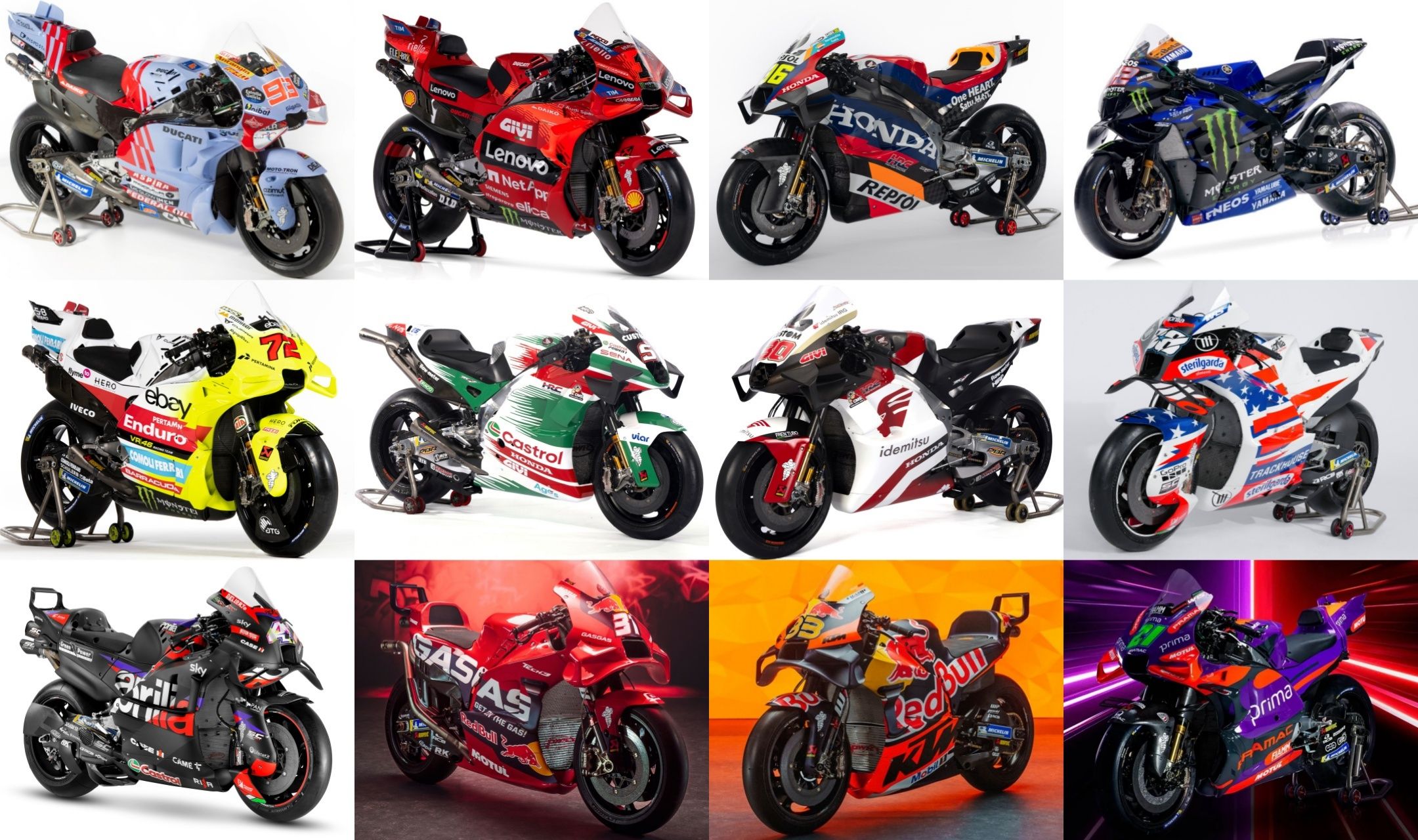 Los diseños de todas las MotoGP para 2024, donde habrá ocho Ducati, cuatro KTM, cuatro Aprilia, cuatro Honda y dos Yamaha