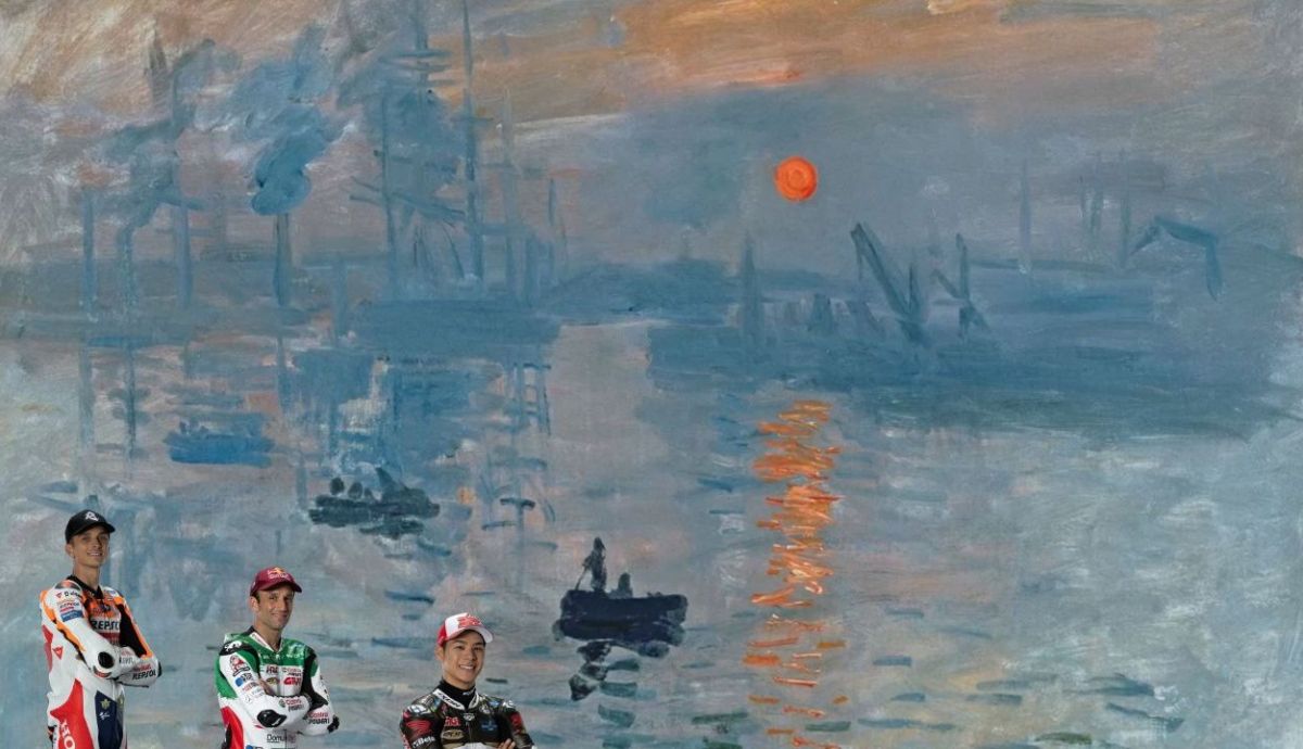 Takaaki Nakagami, Johann Zarco y Luca Marini en Impresión, sol naciente, de Claude Monet Takaaki Nakagami, Johann Zarco y Luca Marini en Impresión, sol naciente, de Claude Monet