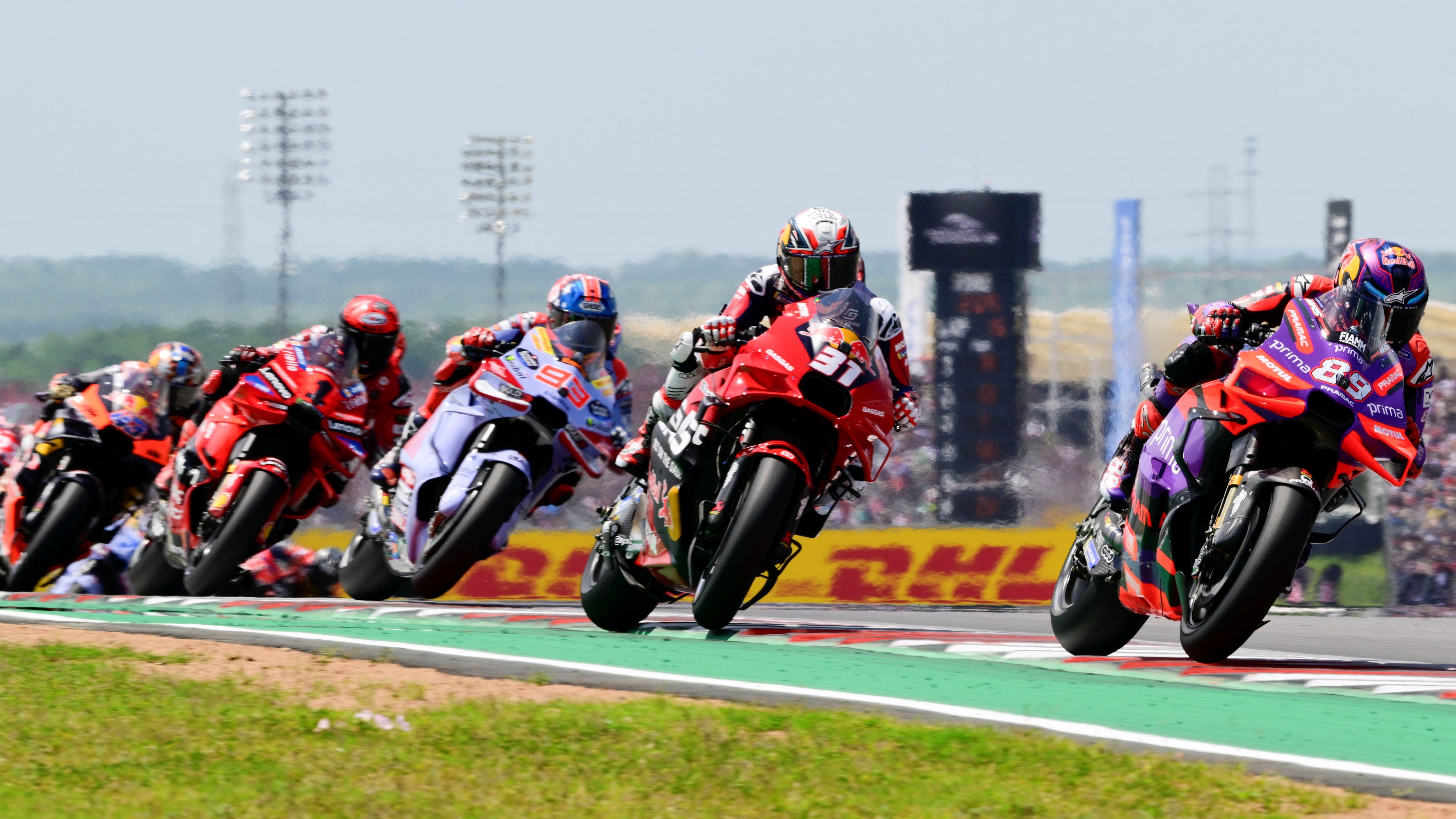 Jorge Martín seguido por Pedro Acosta, Marc Márquez, Pecco Bagnaia y Jack Miller, MotoGP Américas 2024