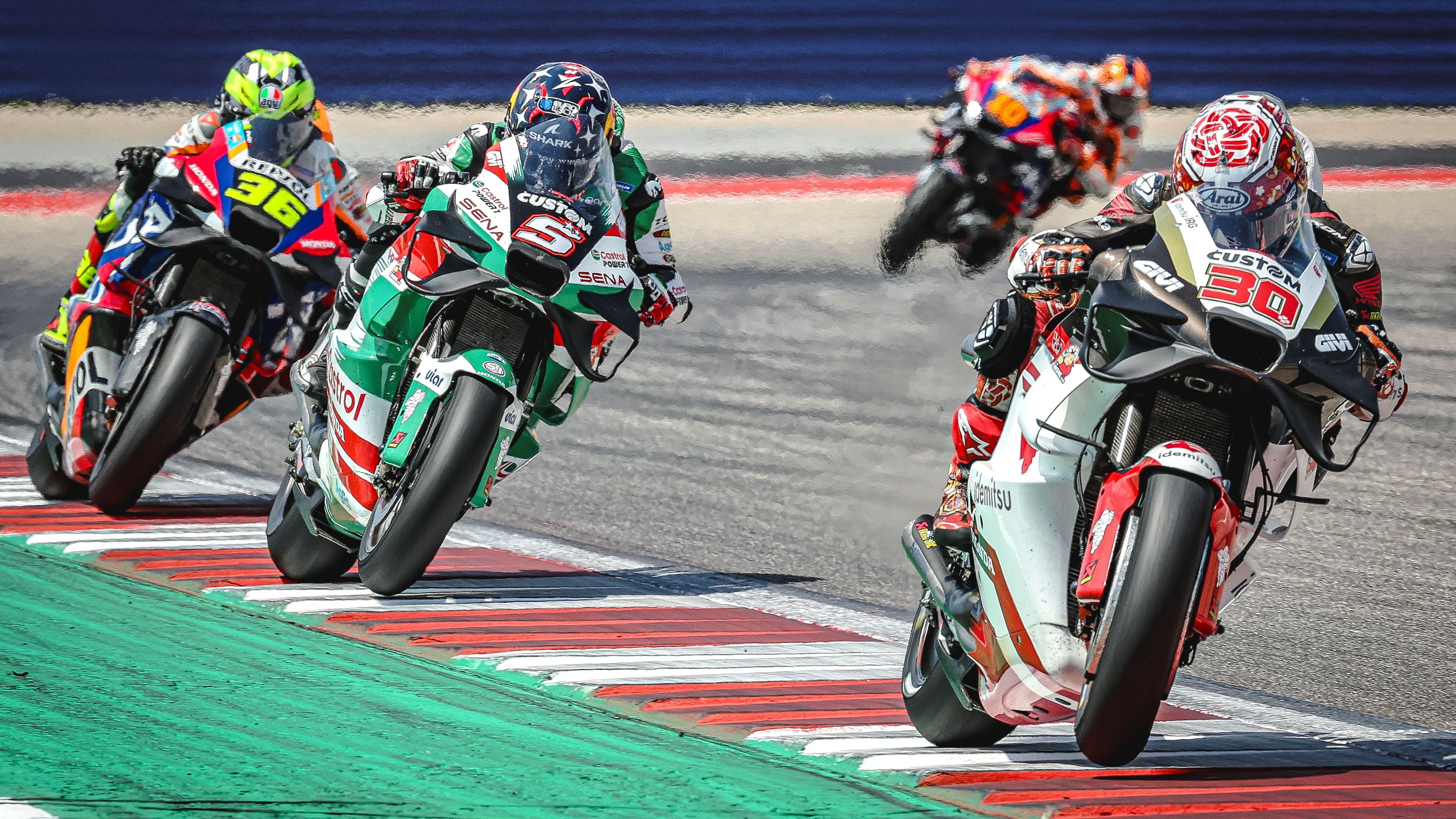 Takaaki Nakagami seguido por Johann Zarco y Joan Mir con Luca Marini al fondo, MotoGP Américas 2024