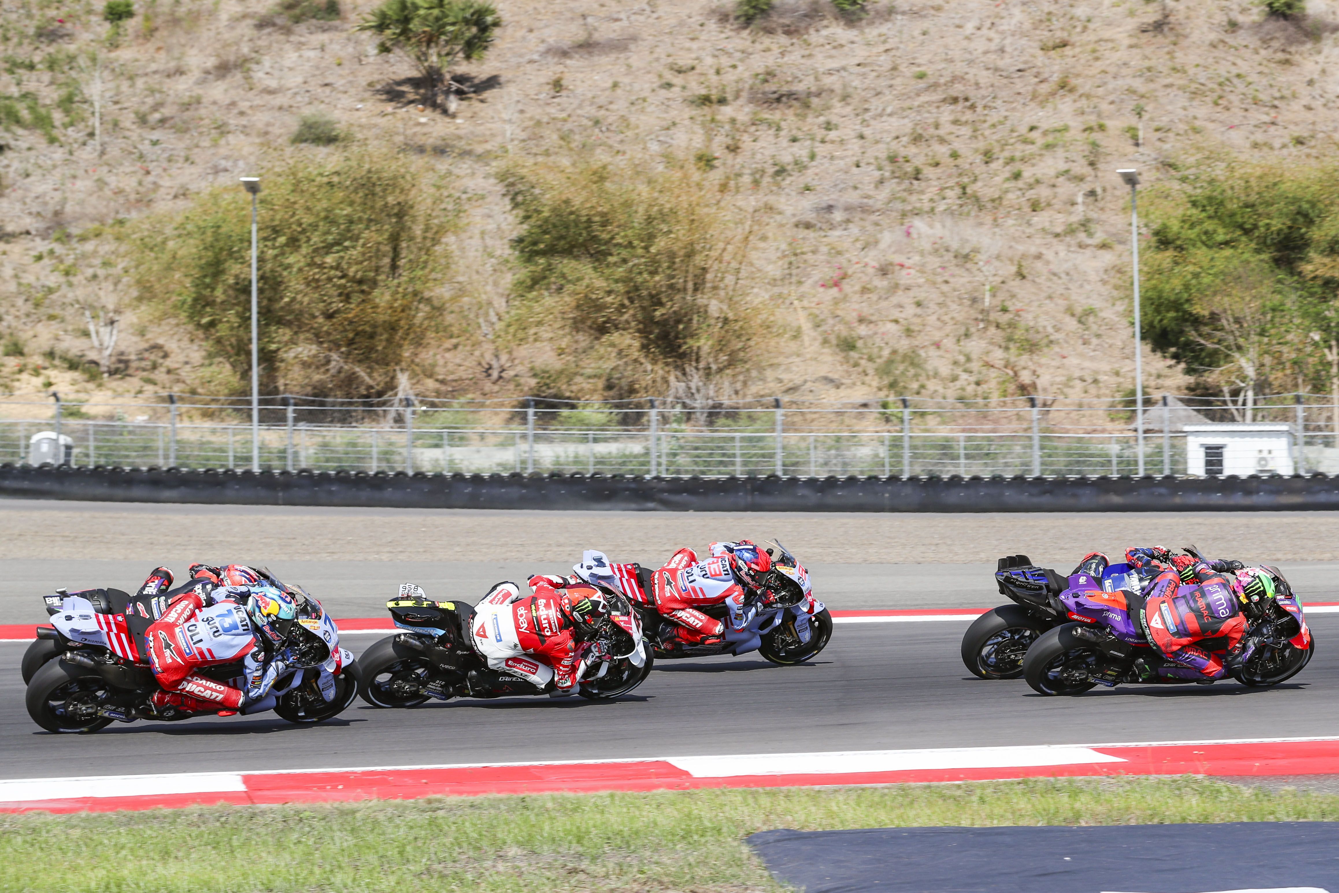 Franco Morbidelli, Fabio Quartararo, Marc Márquez, Fabio Di Giannantonio, Álex Márquez y Maverick Viñales, MotoGP Indonesia 2024