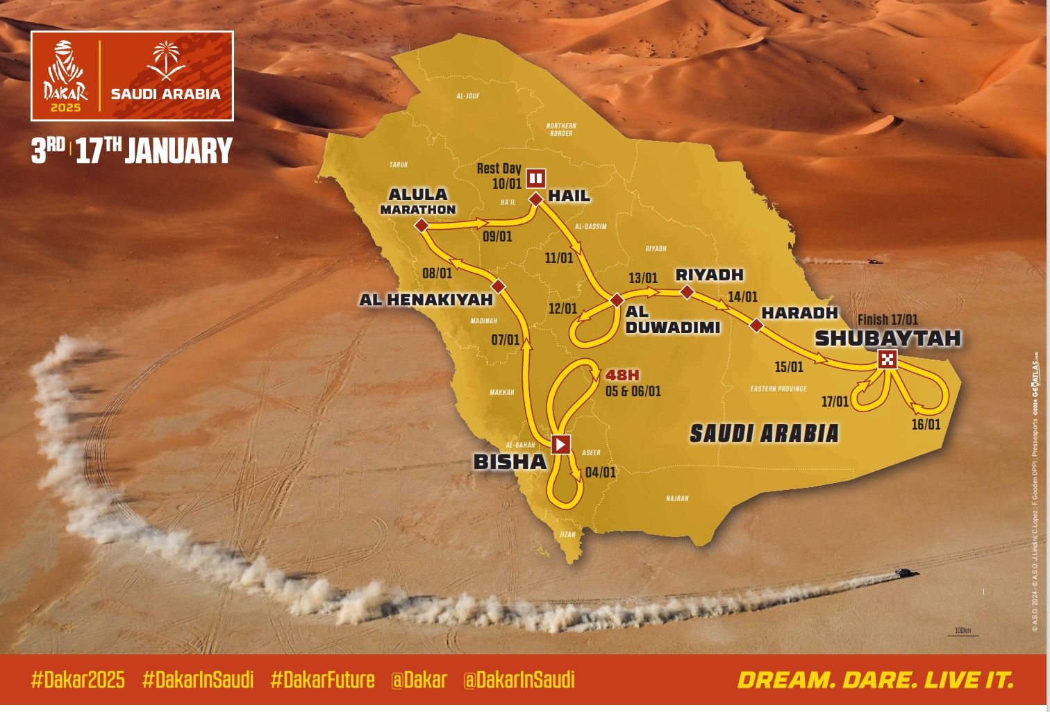 Dakar 2025. Recorrido y etapas. Gran desafío en 12 jornadas de carrera y 7.700 kilómetros.