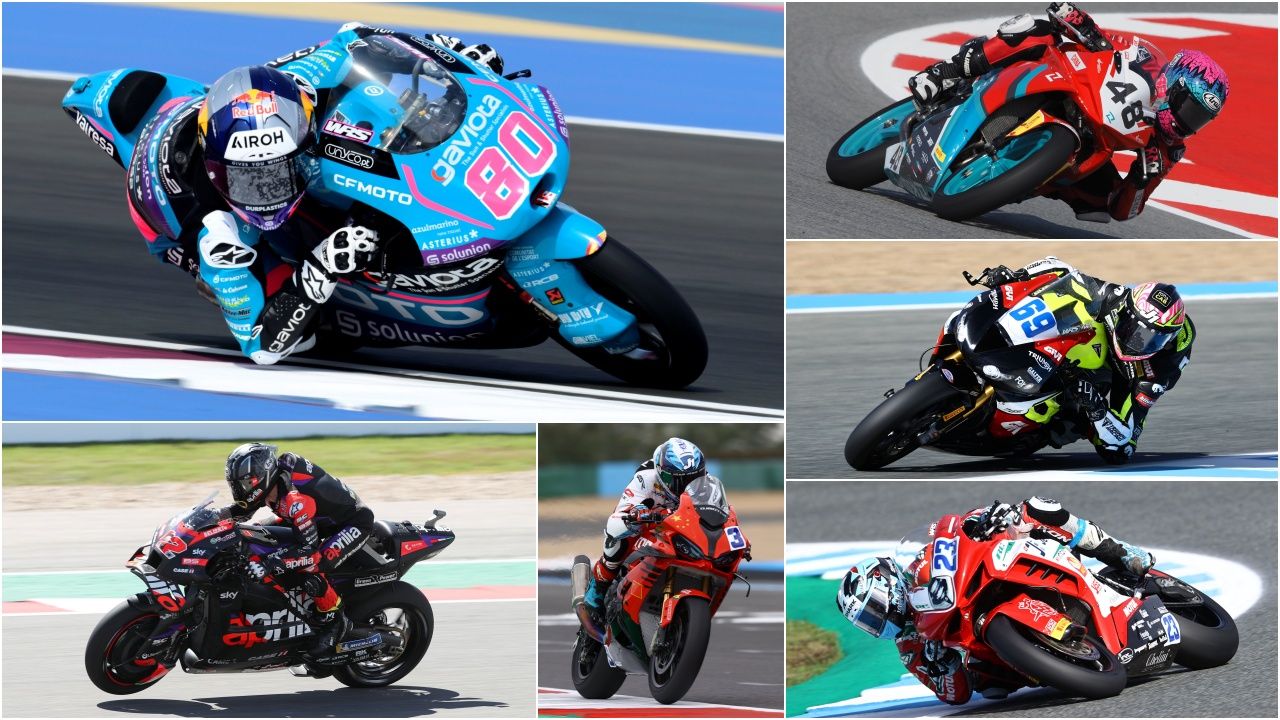 David Alonso con CFMoto, Maverick Viñales con Aprilia, Julio García con Kove, Tom Booth Amos con Triumph, Marcel Schrotter con MV Agusta y Raffaele De Rosa con QJ Motor