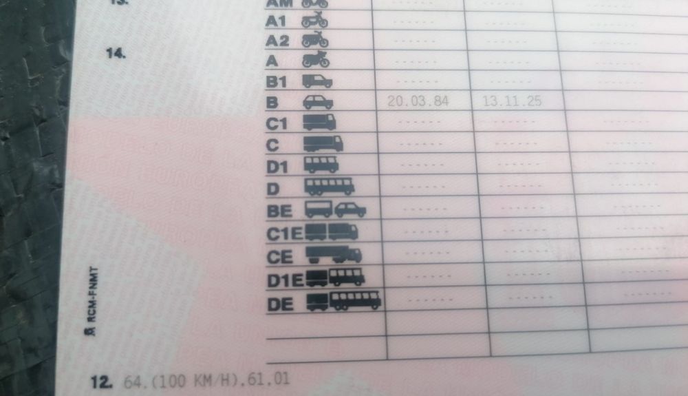 Carnet de conducir con restricciones, con código 64 de limitación de velocidad y código 61 de limitación a conducción diurna.