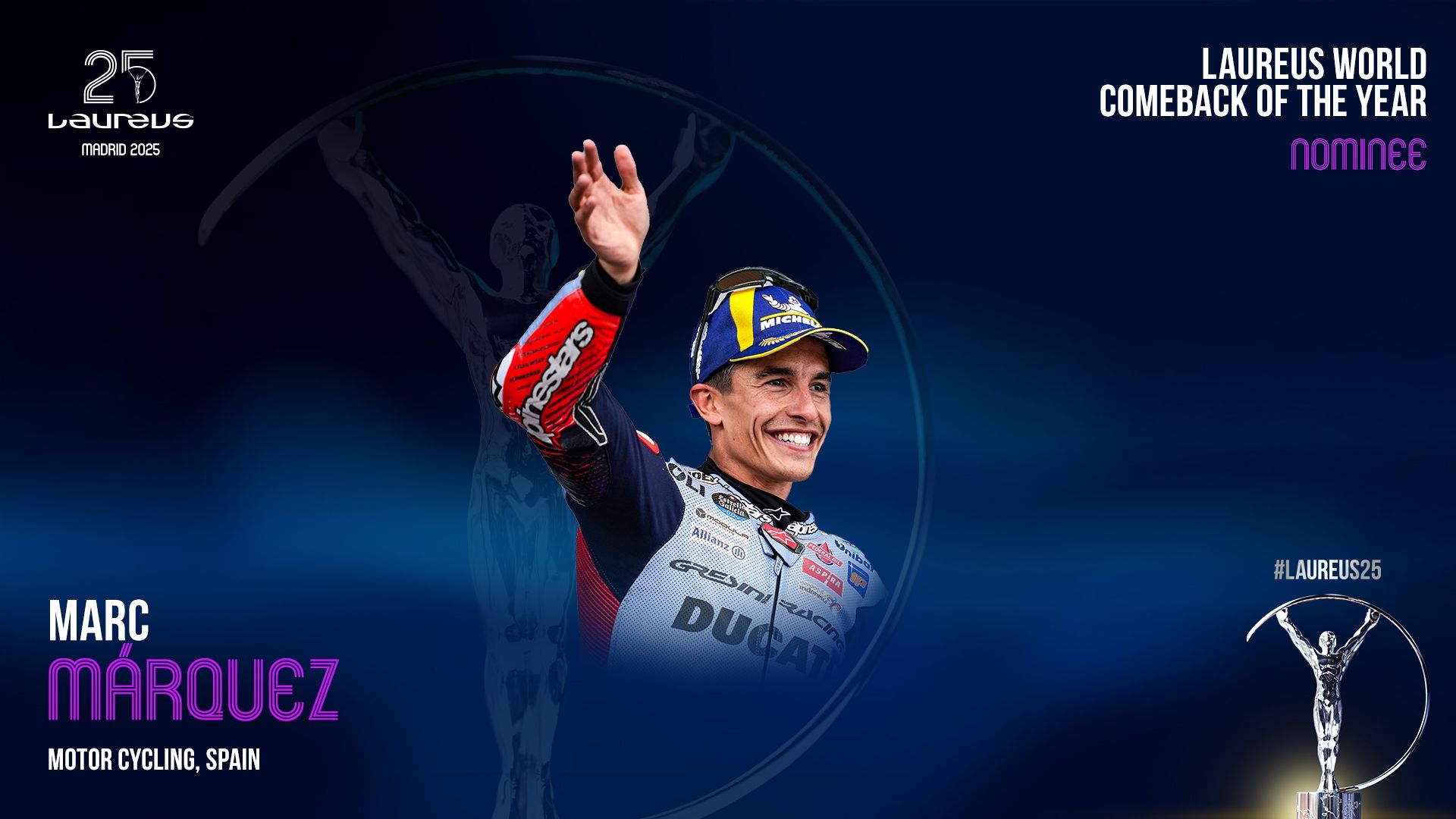 Marc Márquez está nominado al Laureus 2025 en la categoría de 'Retorno del año' Marc Márquez está nominado al Laureus 2025 en la categoría de 'Retorno del año'