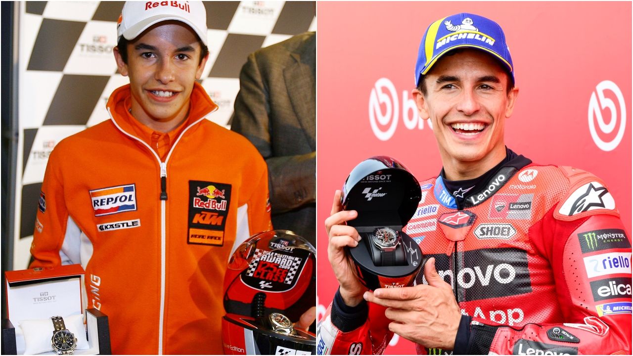Marc Márquez con su primera pole en Le Mans 2009 y con su centésima pole en Mugello 2025