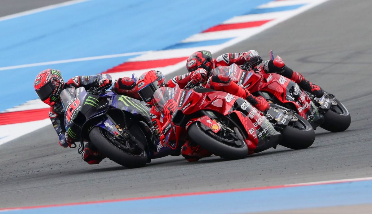 Fabio Quartararo, Marc Márquez y Pecco Bagnaia en MotoGP 2025