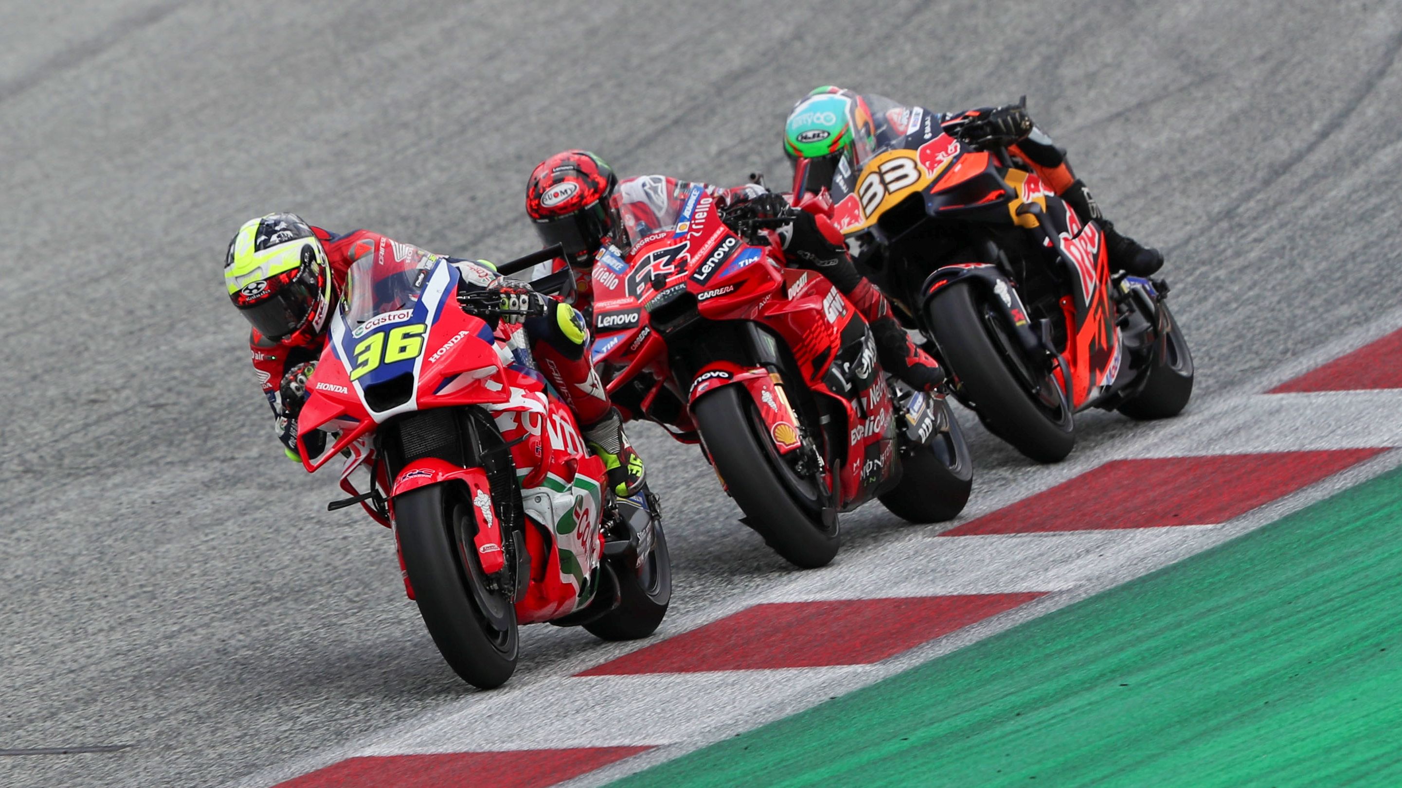 Joan Mir, Pecco Bagnaia y Brad Binder, MotoGP Austria 2025