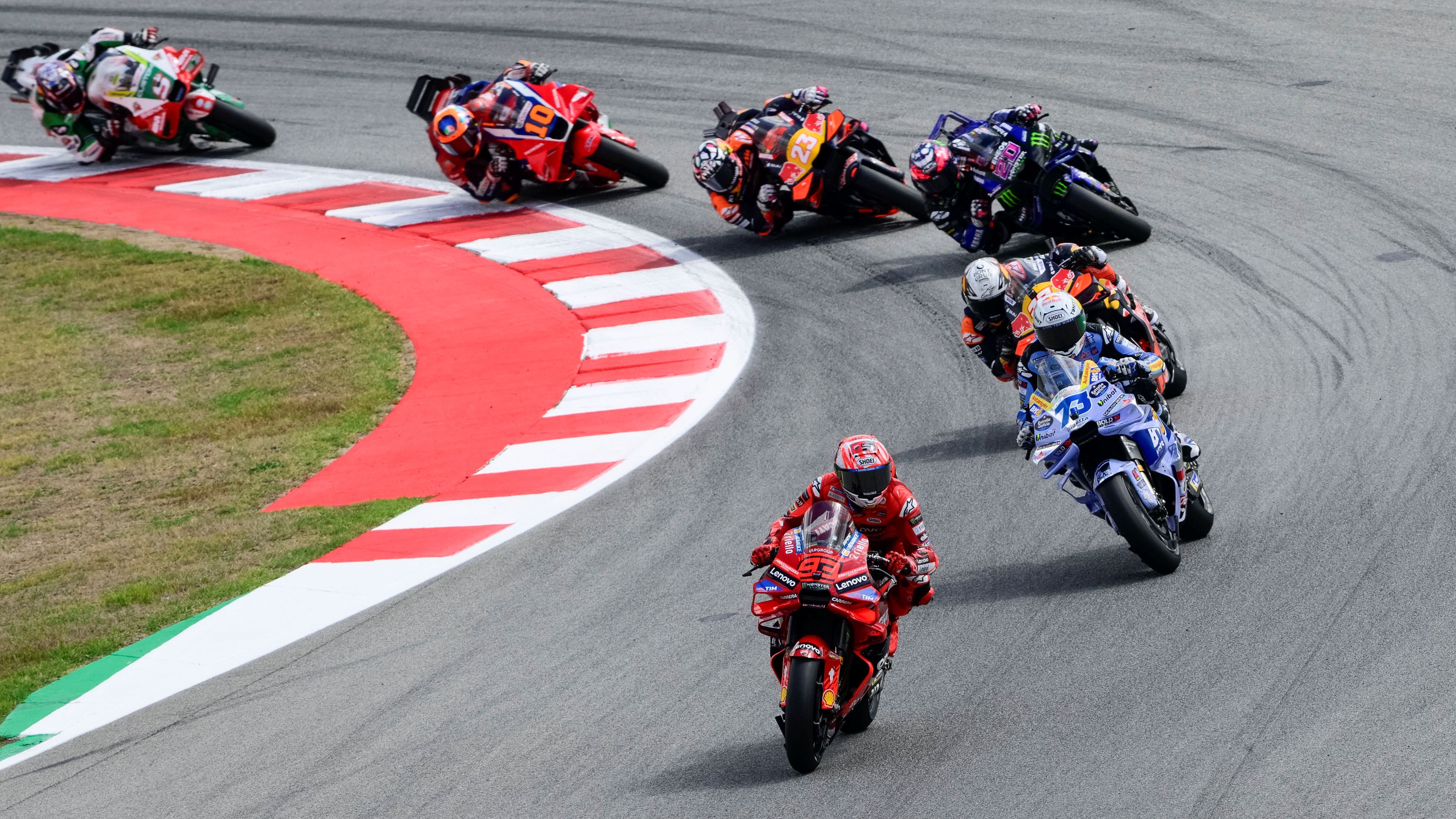 Marc Márquez, Álex Márquez, Pedro Acosta, Fabio Quartararo, Enea Bastianini, Luca Marini y Johann Zarco, MotoGP Catalunya 2025