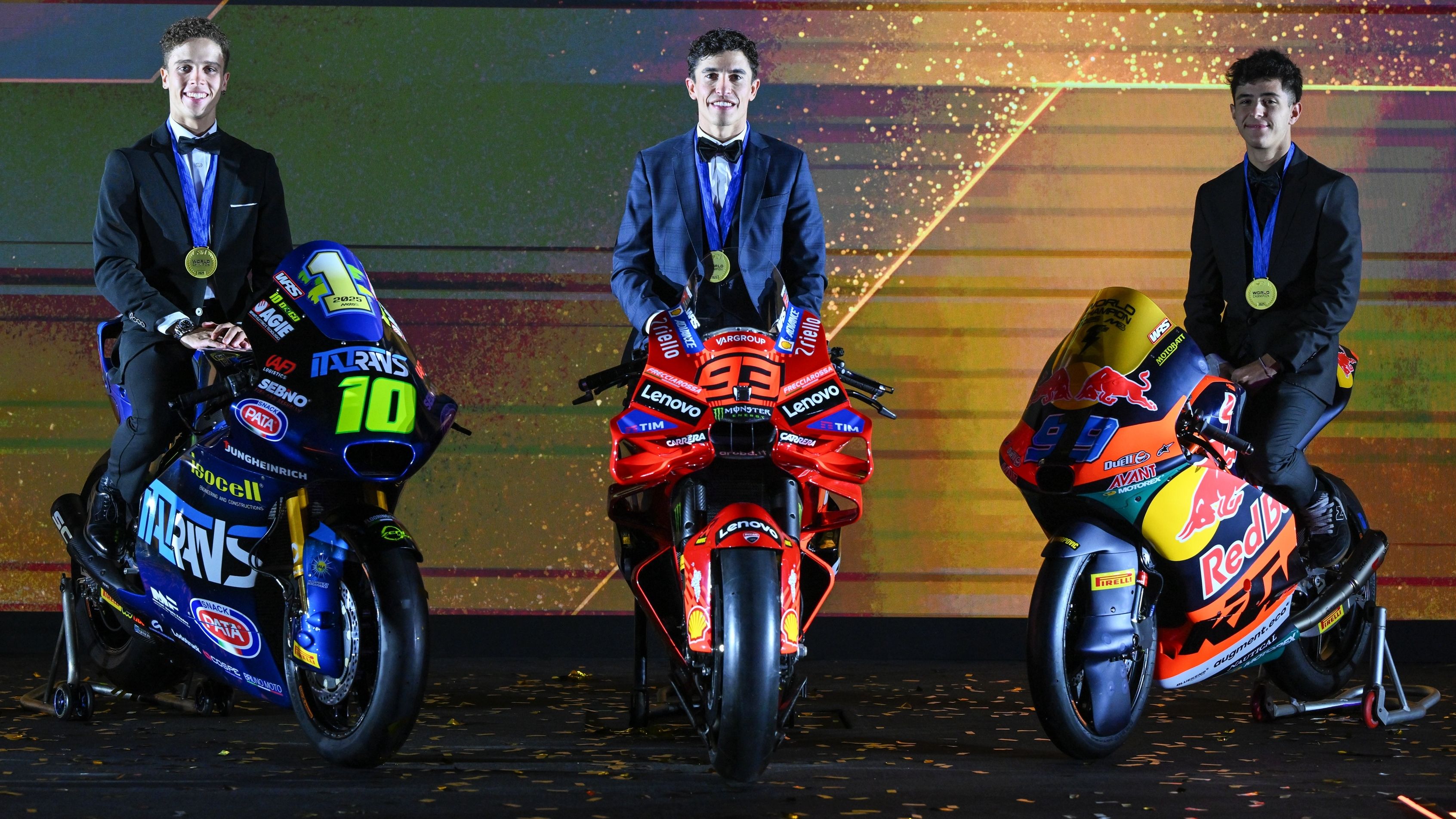 Marc Márquez, Diogo Moreira y José Antonio Rueda, los campeones de MotoGP 2025