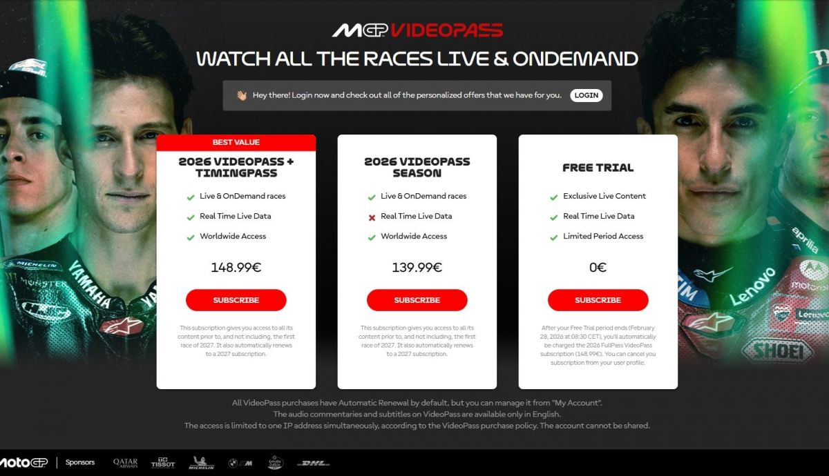 Los precios para el VideoPass y el TimingPass de MotoGP 2026