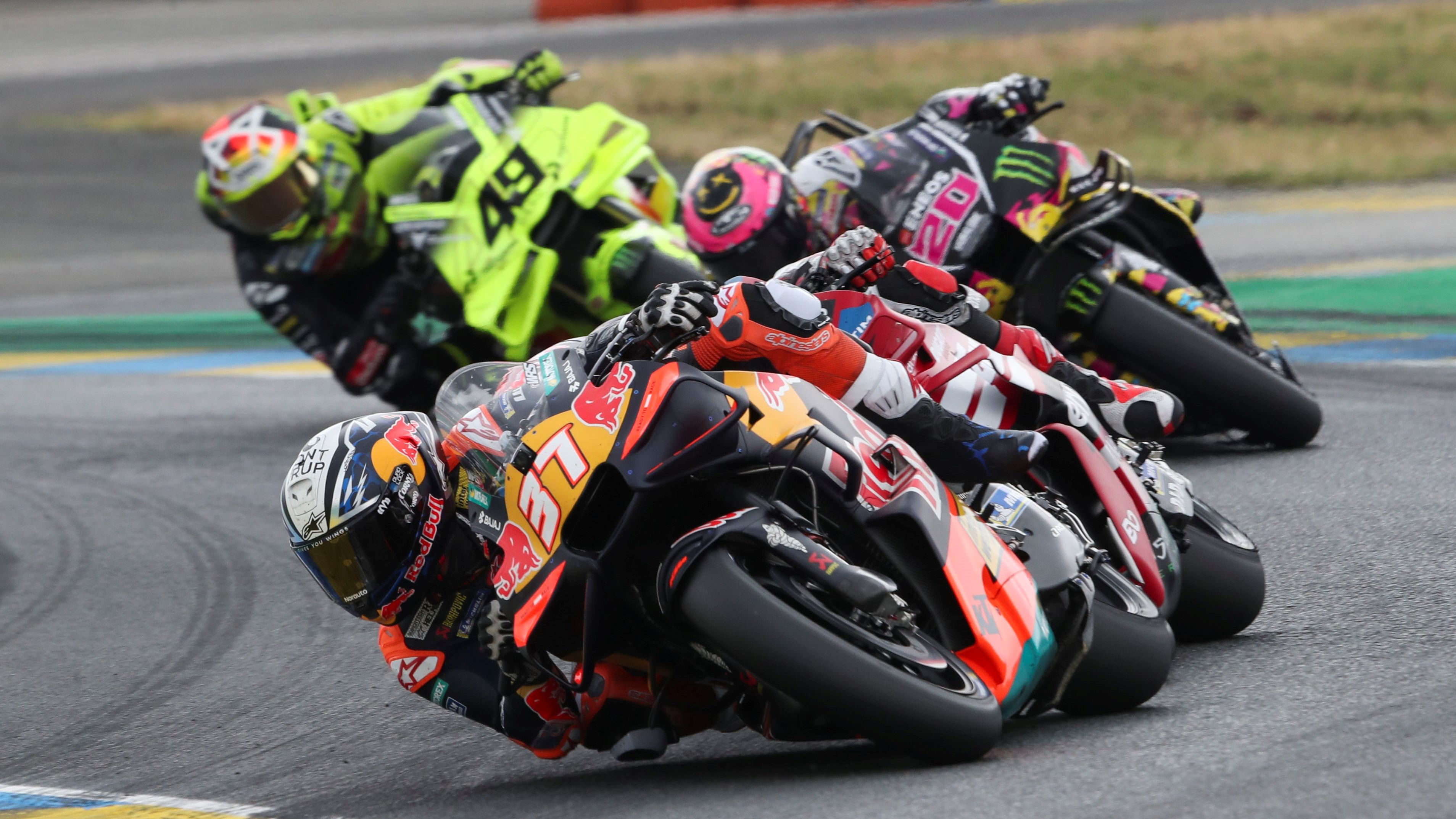 Pedro Acosta, Pecco Bagnaia, Fabio Quartararo y Fabio Di Giannantonio, MotoGP Le Mans 2026