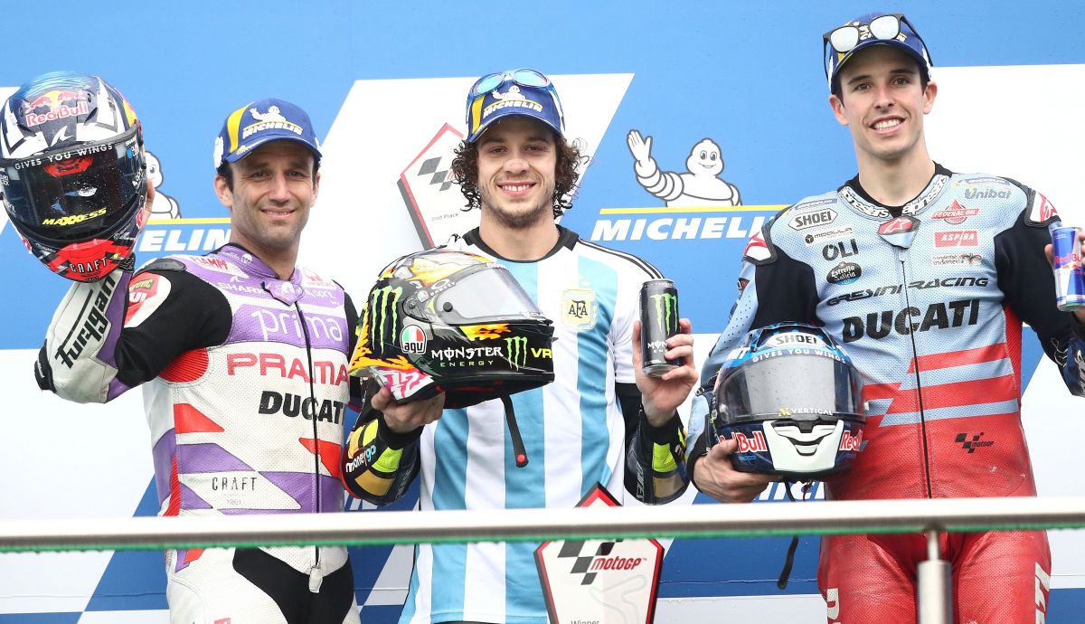 Marco Bezzecchi, Johann Zarco y Álex Márquez, podio de Ducati satélite en Argentina 2023