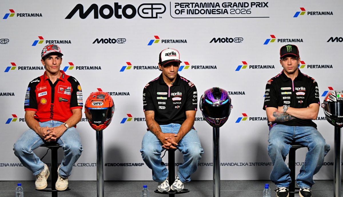 Marc Márquez, Jorge Martín y Marco Bezzecchi en la rueda de prensa del GP de Indonesia de MotoGP 2026