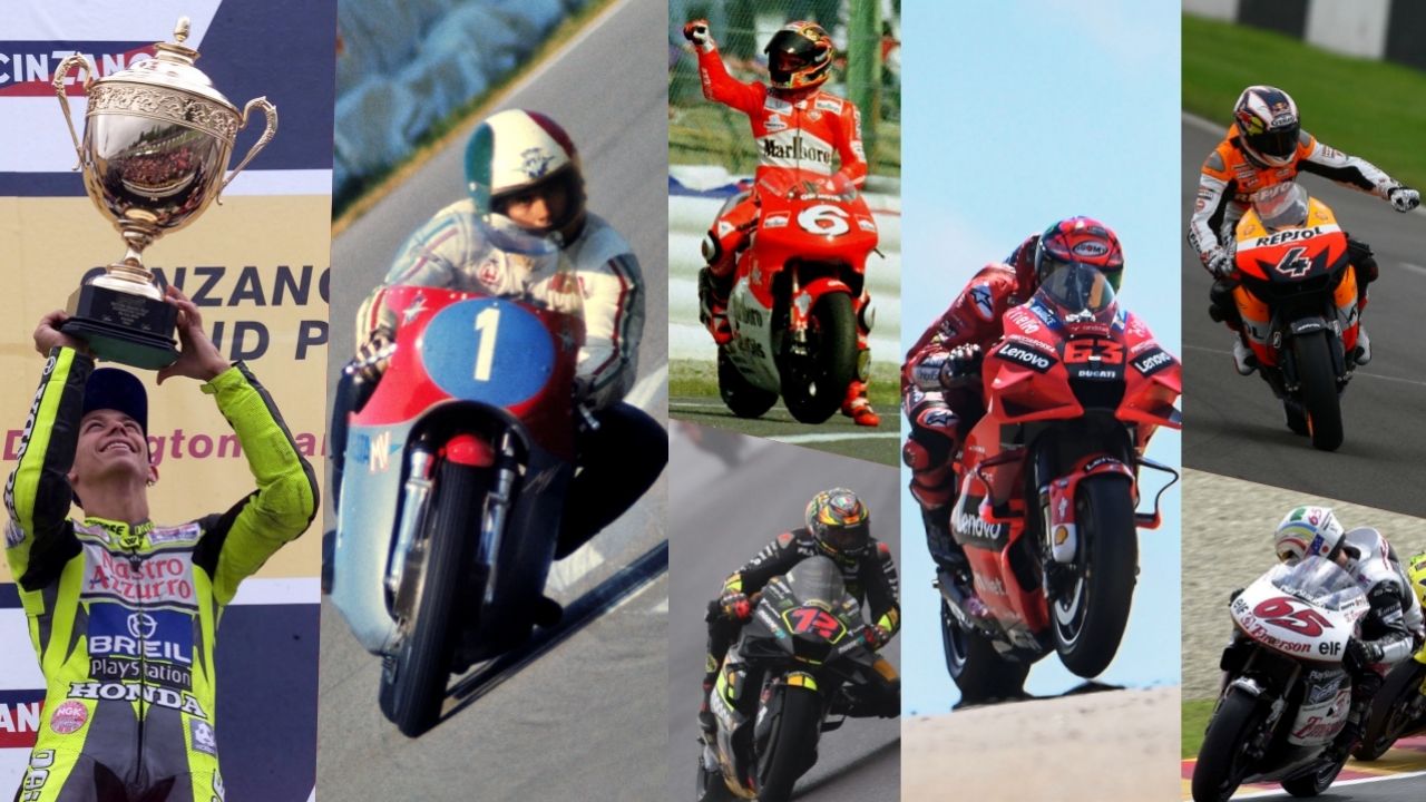 Valentino Rossi, Giacomo Agostini, Max Biaggi, Pecco Bagnaia, Andrea Dovizioso, Marco Bezzecchi y Loris Capirossi, los 7 grandes artífices de las 300 victorias de Italia en 500cc y MotoGP