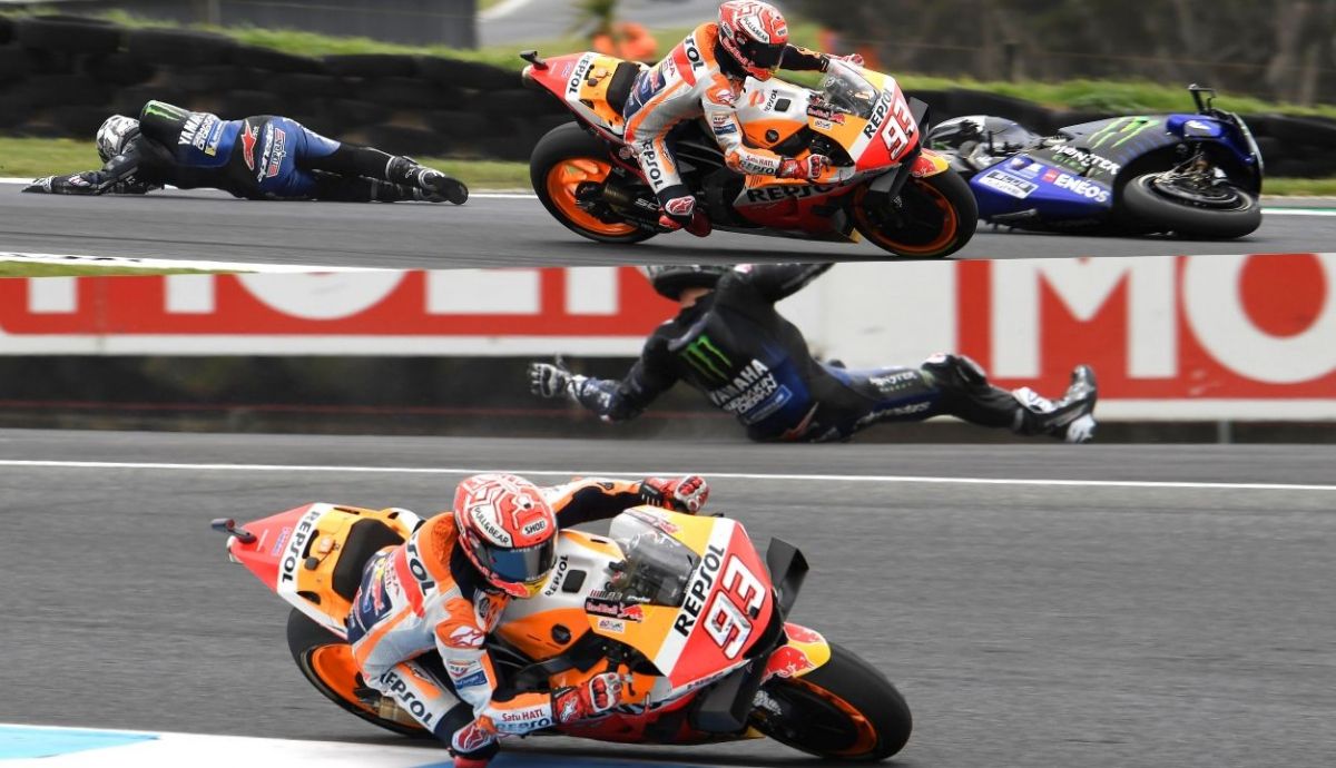 Maverick Viñales cae tratando de seguir a Marc Márquez en la última vuelta de Phillip Island 2019