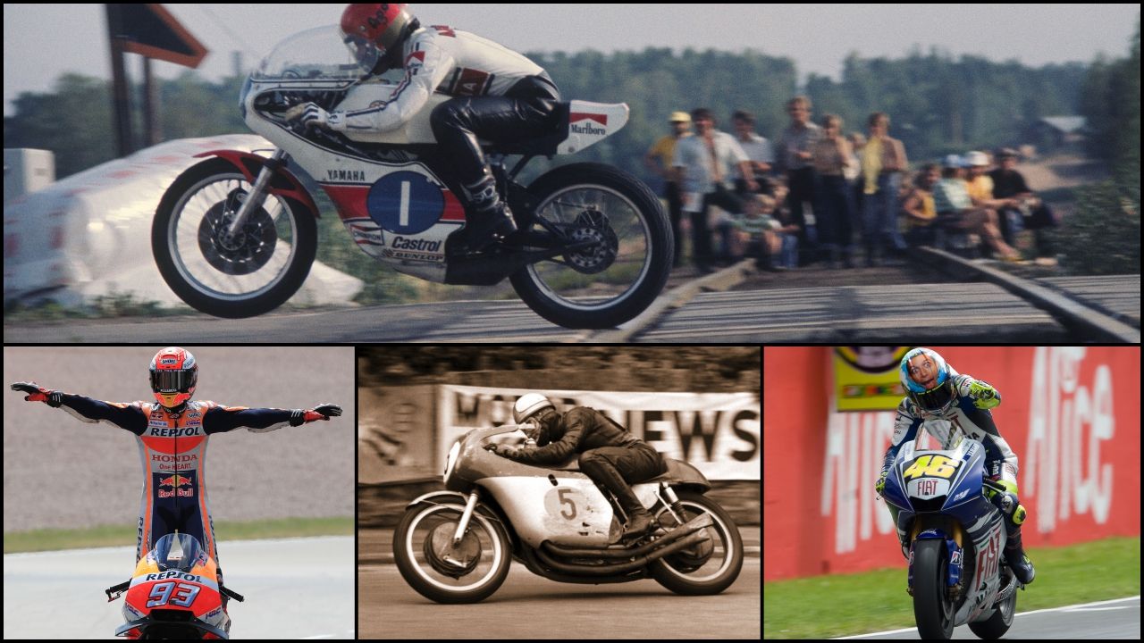 Giacomo Agostini en Imatra, Marc Márquez en Sachsenring, Mike Hailwood en Isla de Man y Valentino Rossi en Mugello (Fotos: Gold & Goose / IOMTT)