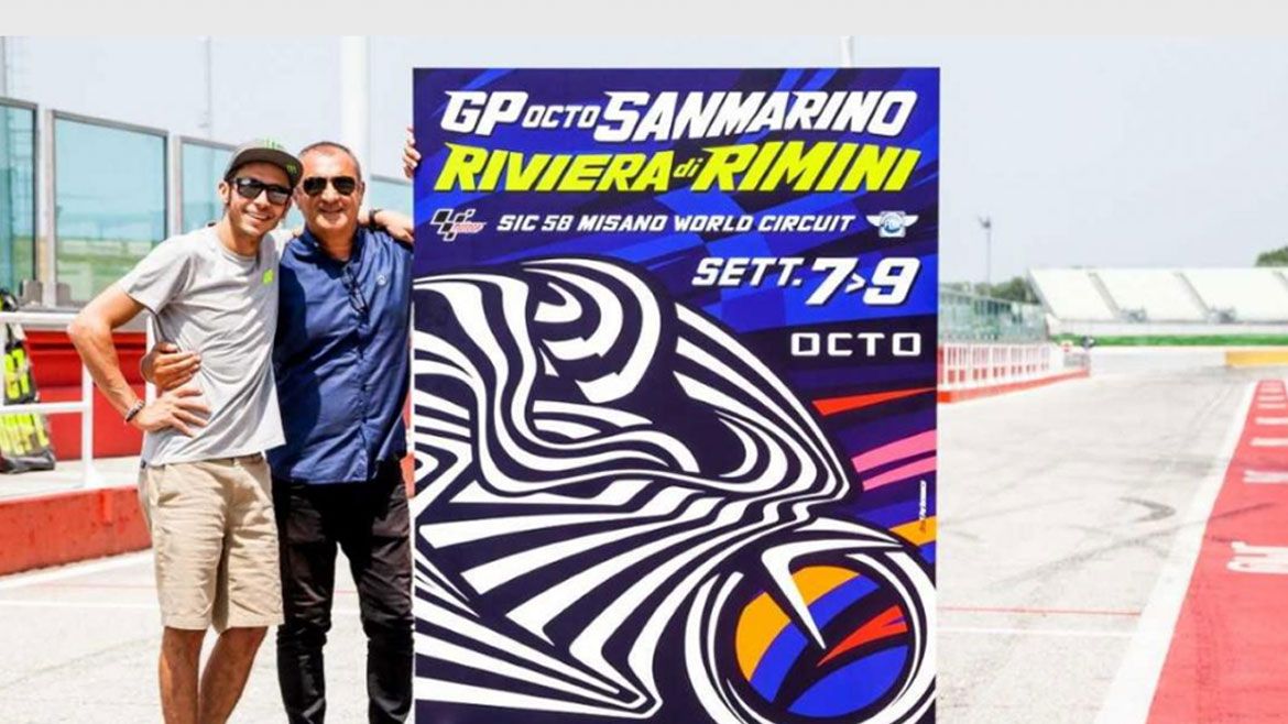 Valentino Rossi y Aldo Drudi presentan el póster del GP de San Marino