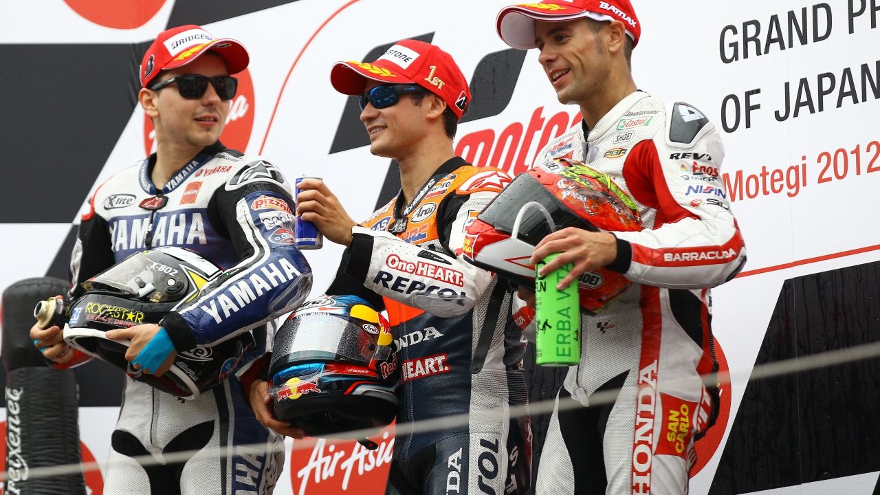 Primer triplete español en MotoGP: Dani Pedrosa, Jorge Lorenzo y Álvaro Bautista en Japón 2012 (Foto: Gold & Goose)