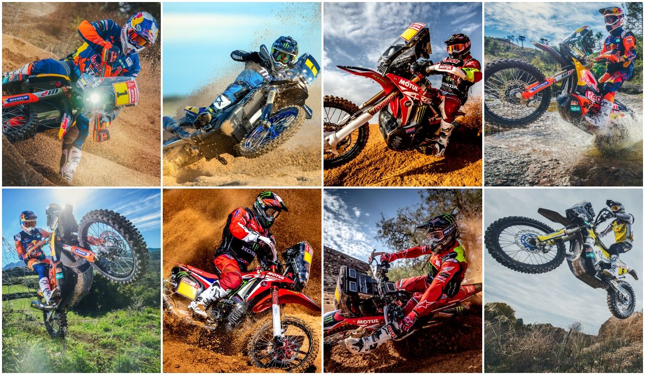 Arriba: Matthias Walkner, Adrien Van Beveren, Joan Barreda y Toby Price. Abajo: Sam Sunderland, Paulo Gonçalves, Kevin Benavides y Pablo Quintanilla (Fotos: KTM / Honda / Yamaha / Husqvarna)