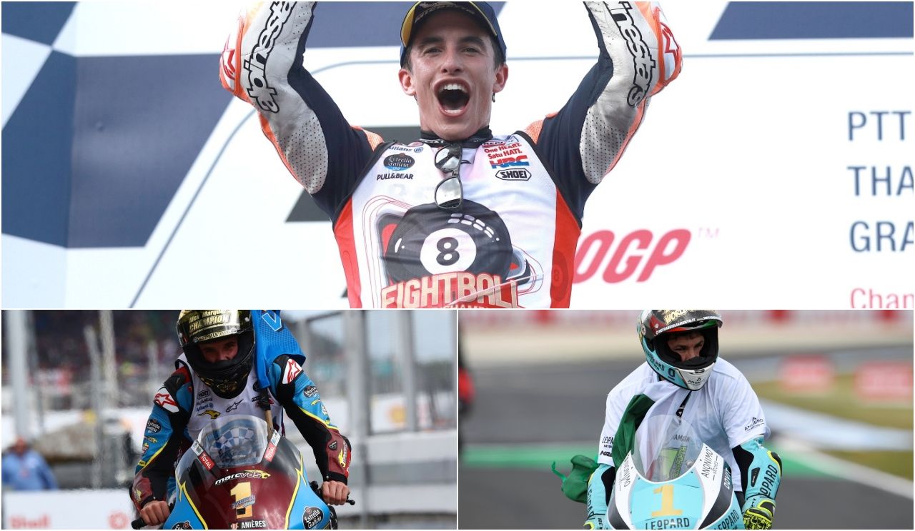 Los campeones de 2019: Marc Márquez en MotoGP, Álex Márquez en Moto2 y Lorenzo Dalla Porta en Moto3.