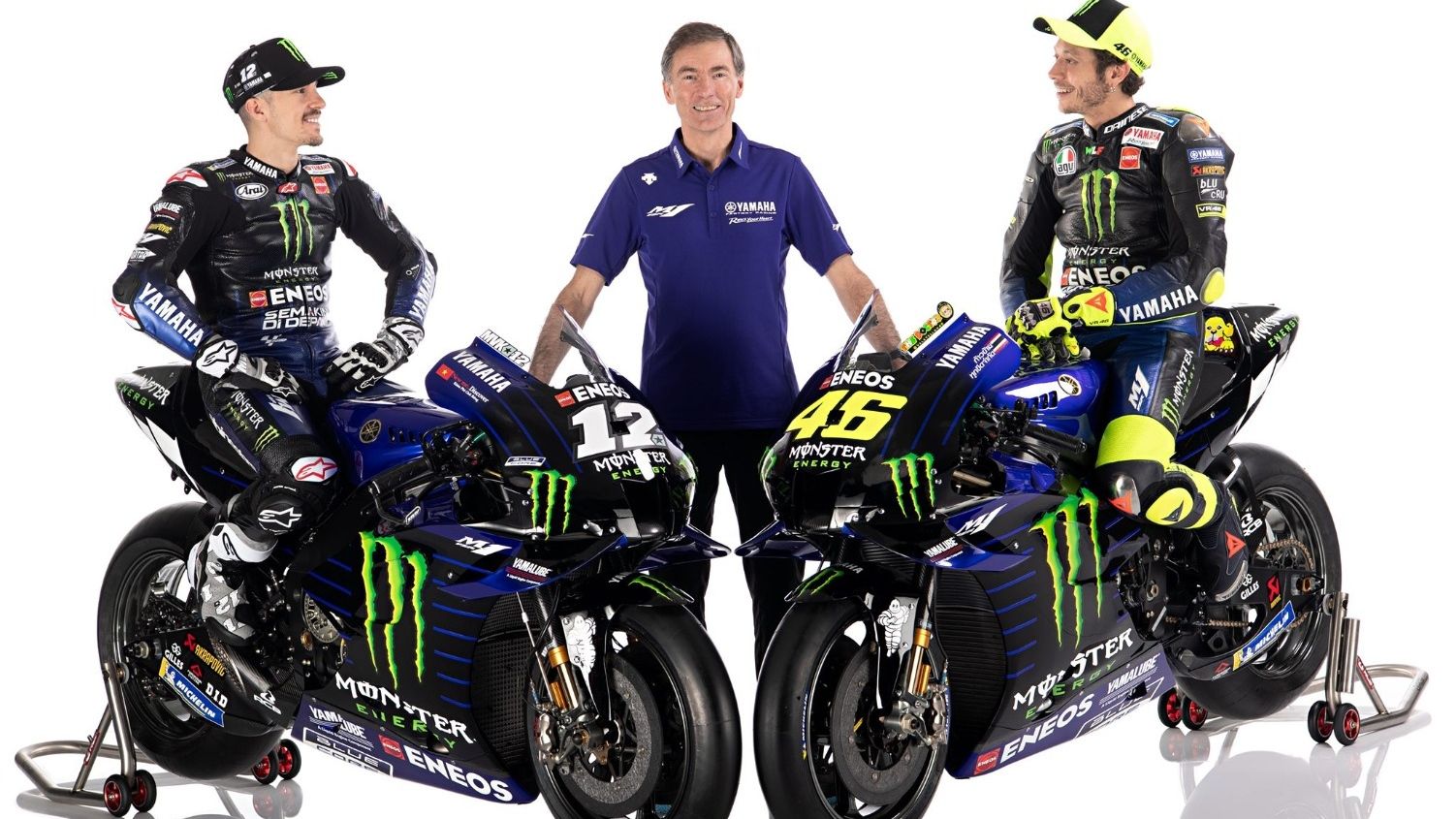 Maverick Viñales, Lin Jarvis y Valentino Rossi (Fotos: Yamaha).