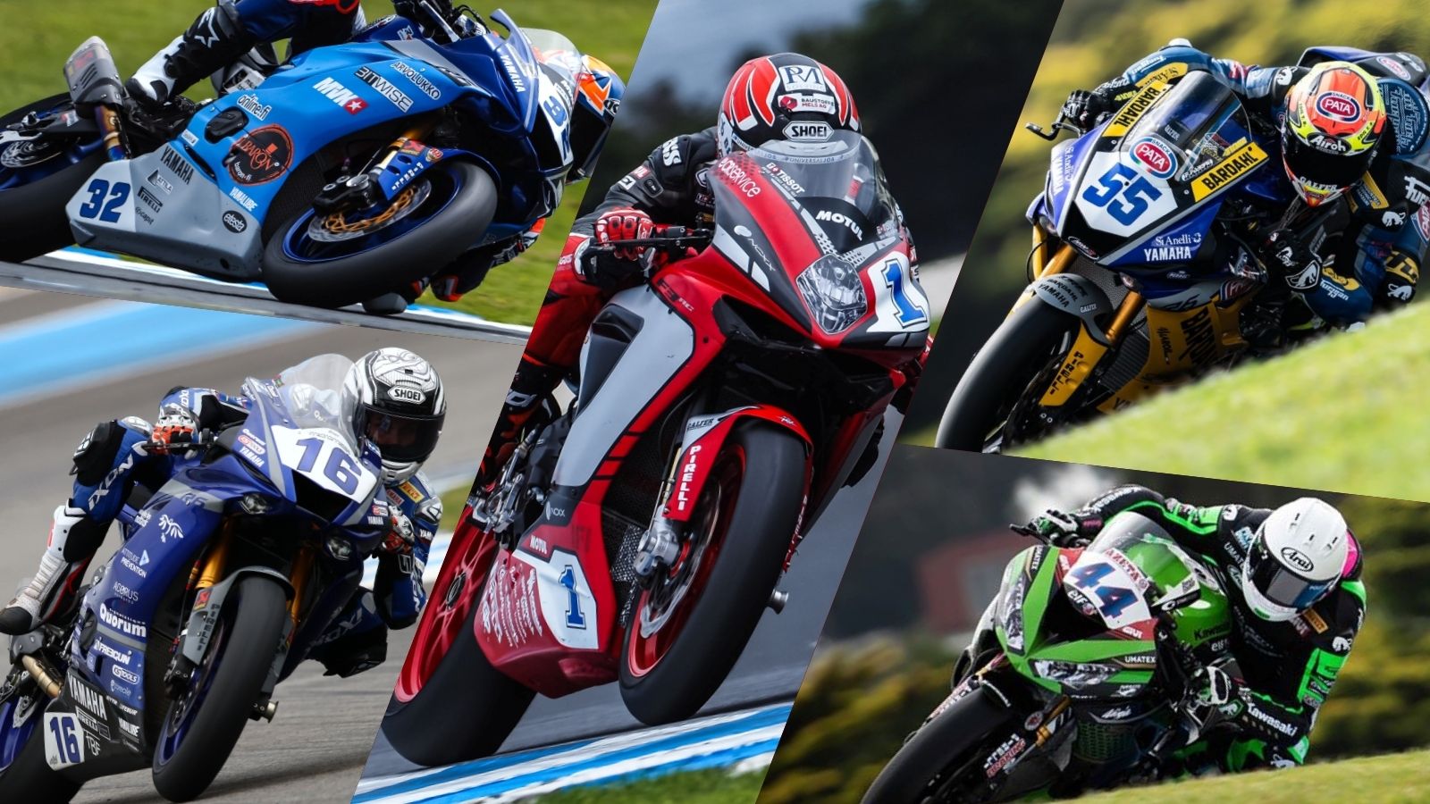 Randy Krummenacher en el centro. A la izquierda, Isaac Viñales y Jules Cluzel. A la derecha, Andrea Locatelli y Lucas Mahias (Fotos: Gold & Goose / WorldSBK / Equipos).